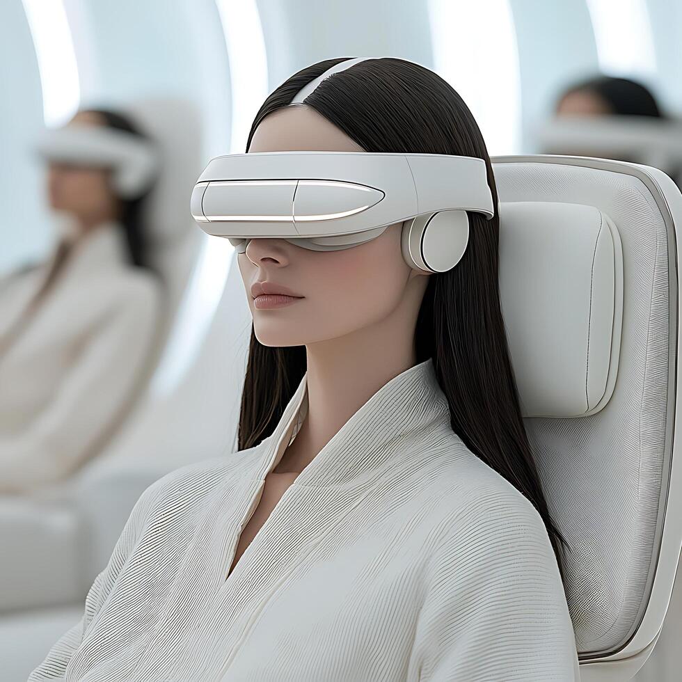 Woman Relaxing in Futuristic Headband Device, Innovative Technology and Wellness. photo