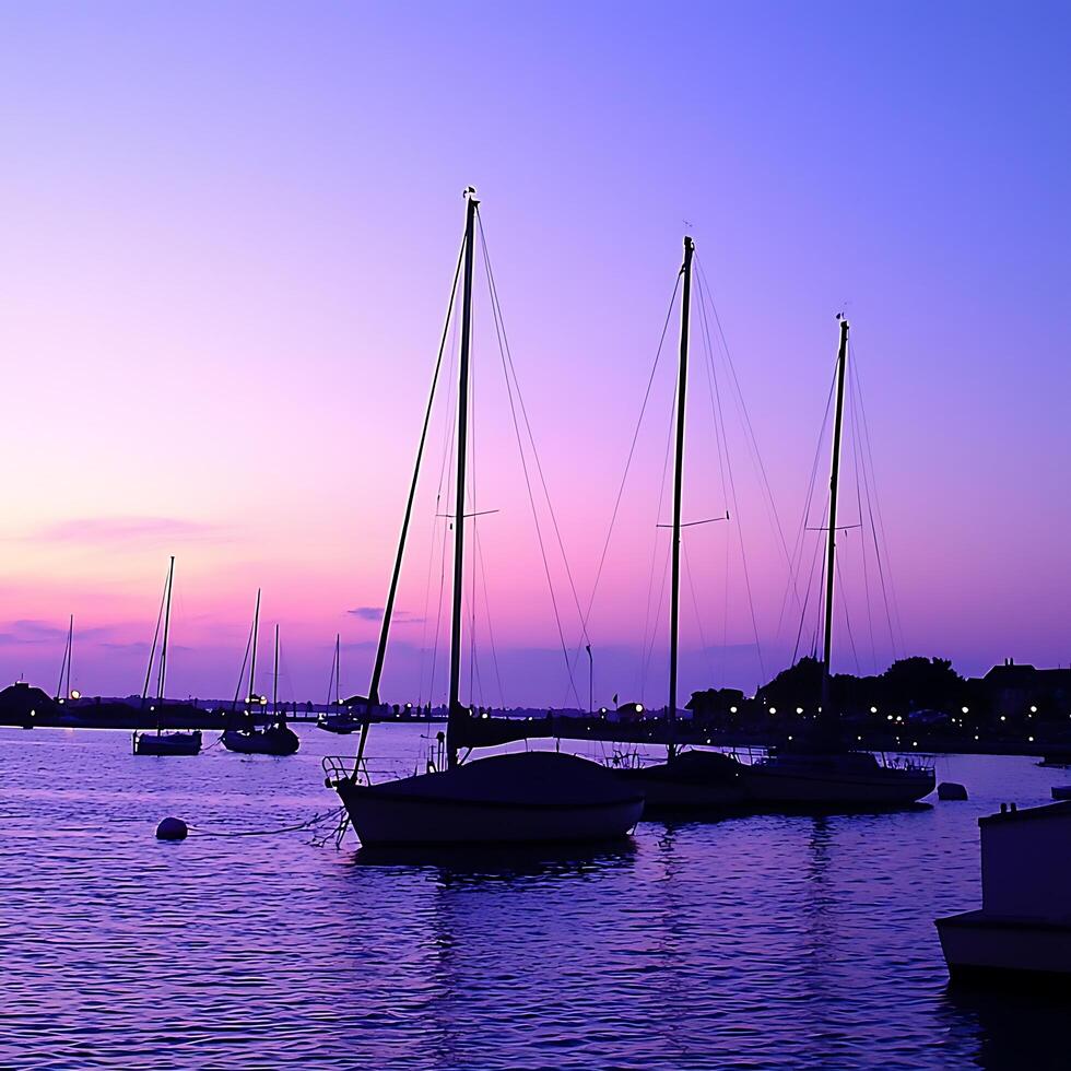 Serene Sunset Harbor Sailboats at Dusk. Silhouetted sailboats peacefully rest in a harbor as the sun sets, casting a vibrant purple glow on the water. photo