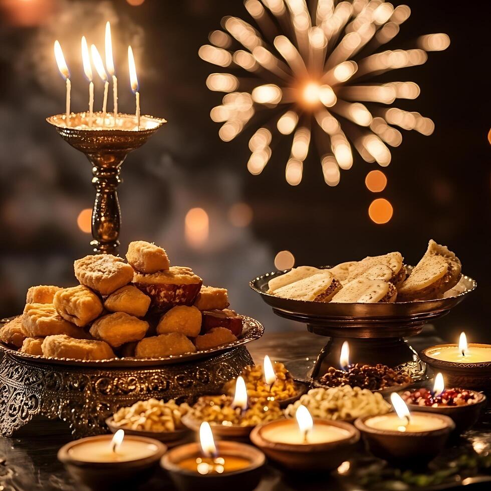 Festive Diwali Sweets and Candles with Fireworks Background. A captivating image perfect for celebrations and cultural events. photo