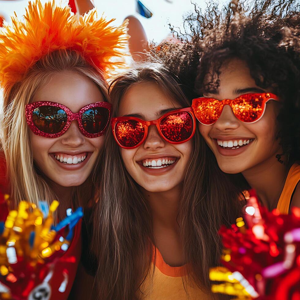 Cheerful Women Sporting Festive Sunglasses and Headwear at a Celebration. photo