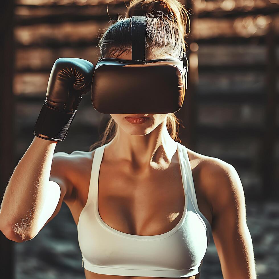 Female Boxer in VR Headset Training for a Fight. A woman wearing boxing gloves and a VR headset prepares for a virtual boxing match. photo