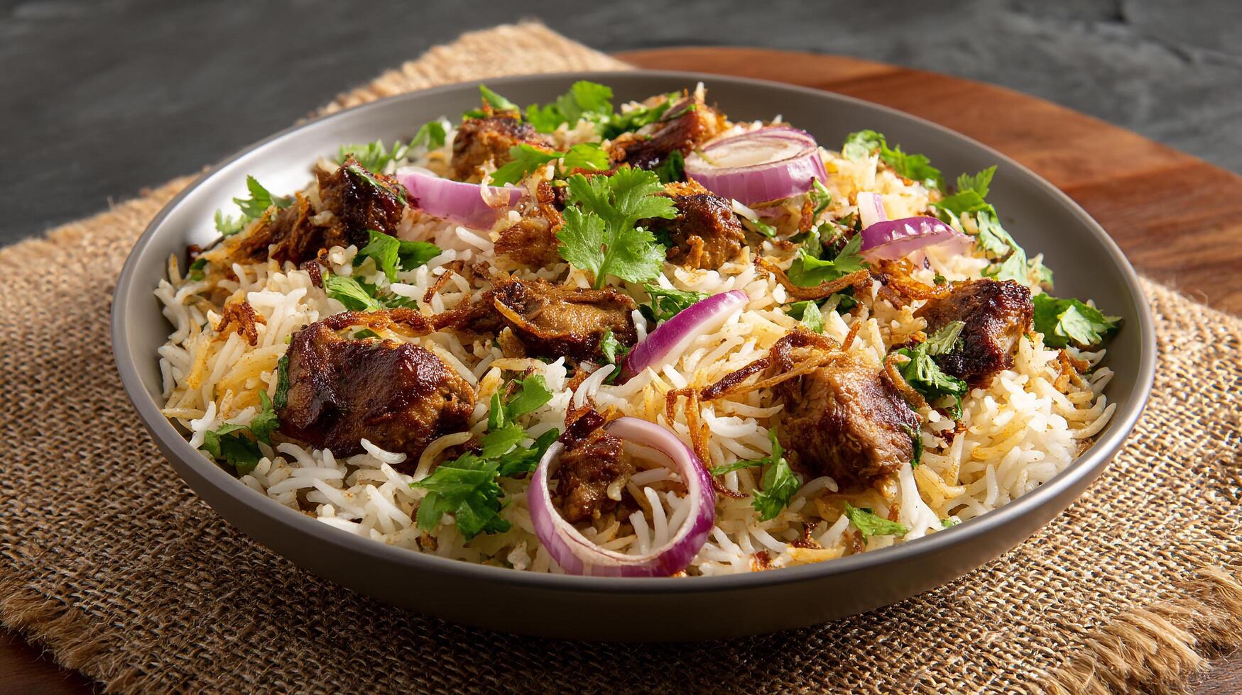 Biryani Rice with Fresh Herbs Garnish, Biryani Photography photo