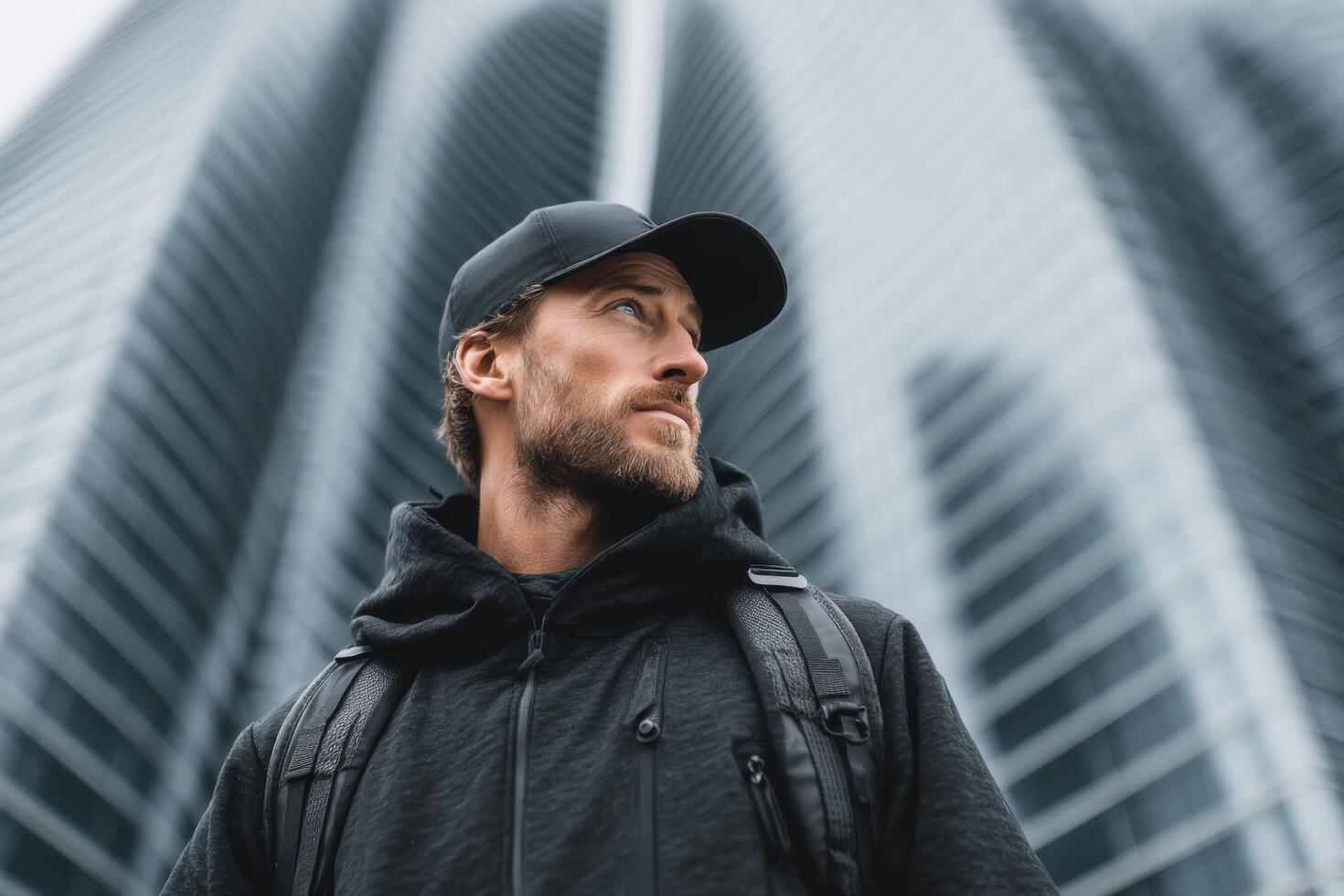 A man in a black hoodie and cap looking up at a tall building photo