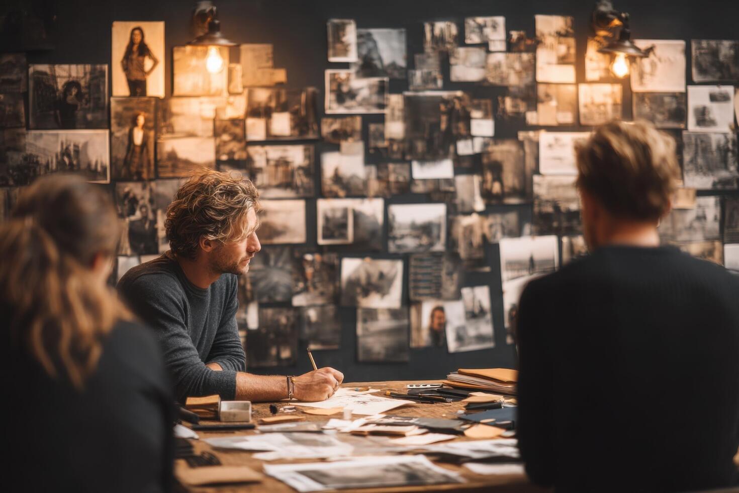 A group of people sitting at a table in front of a wall of photos