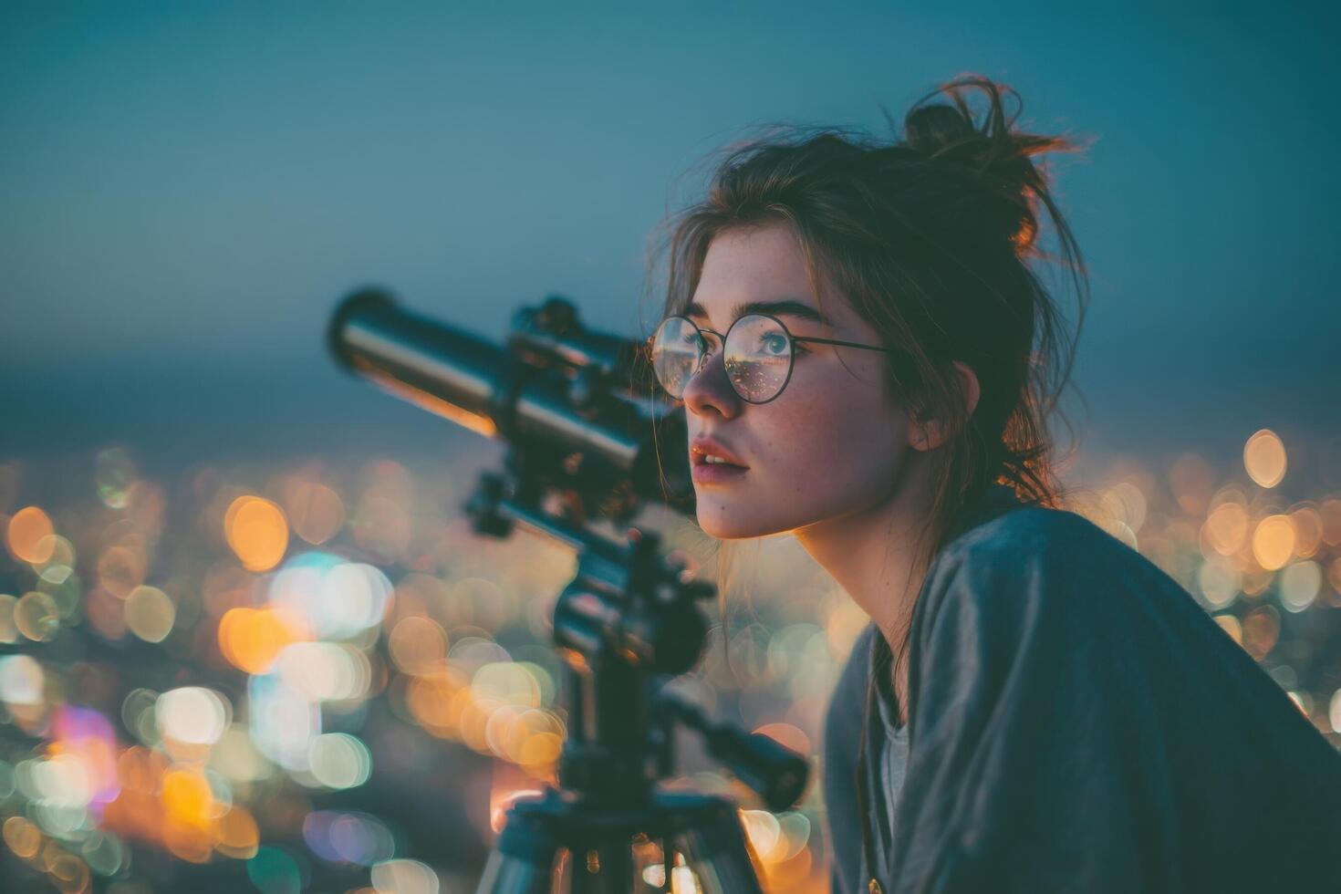 A woman looking through a telescope at the city lights photo