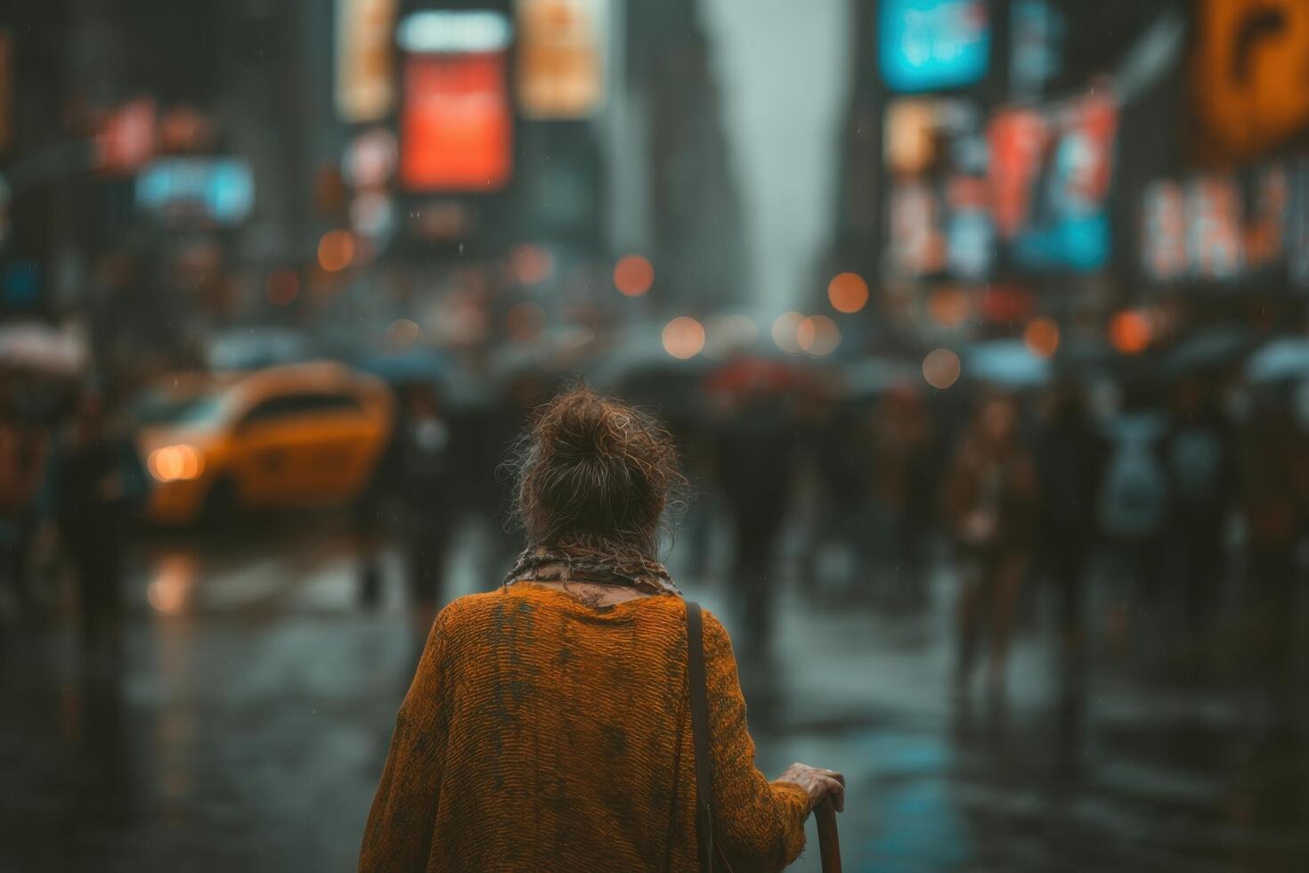 A woman walking down a city street in the rain photo