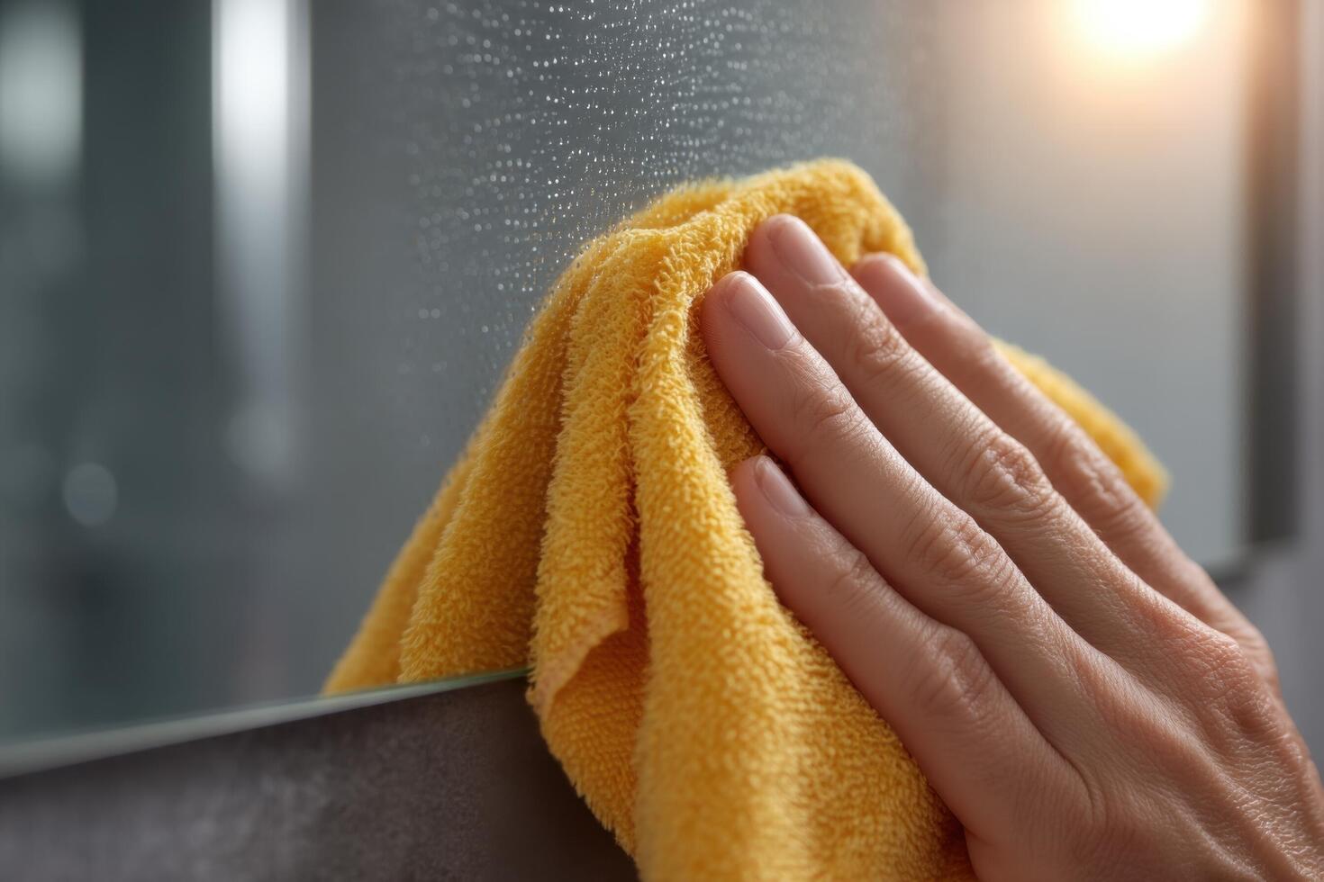 A person wiping a yellow cloth on a mirror photo