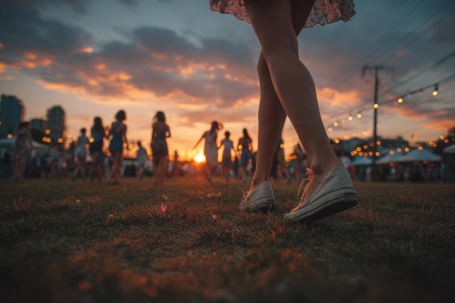 A woman's legs walking in the grass at sunset photo