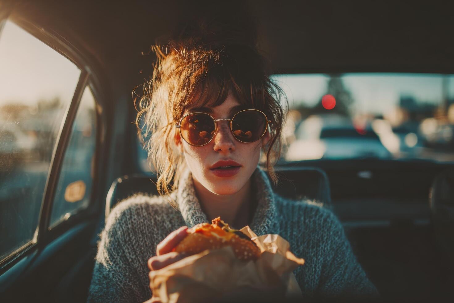 A woman in sunglasses eating a burger in a car photo