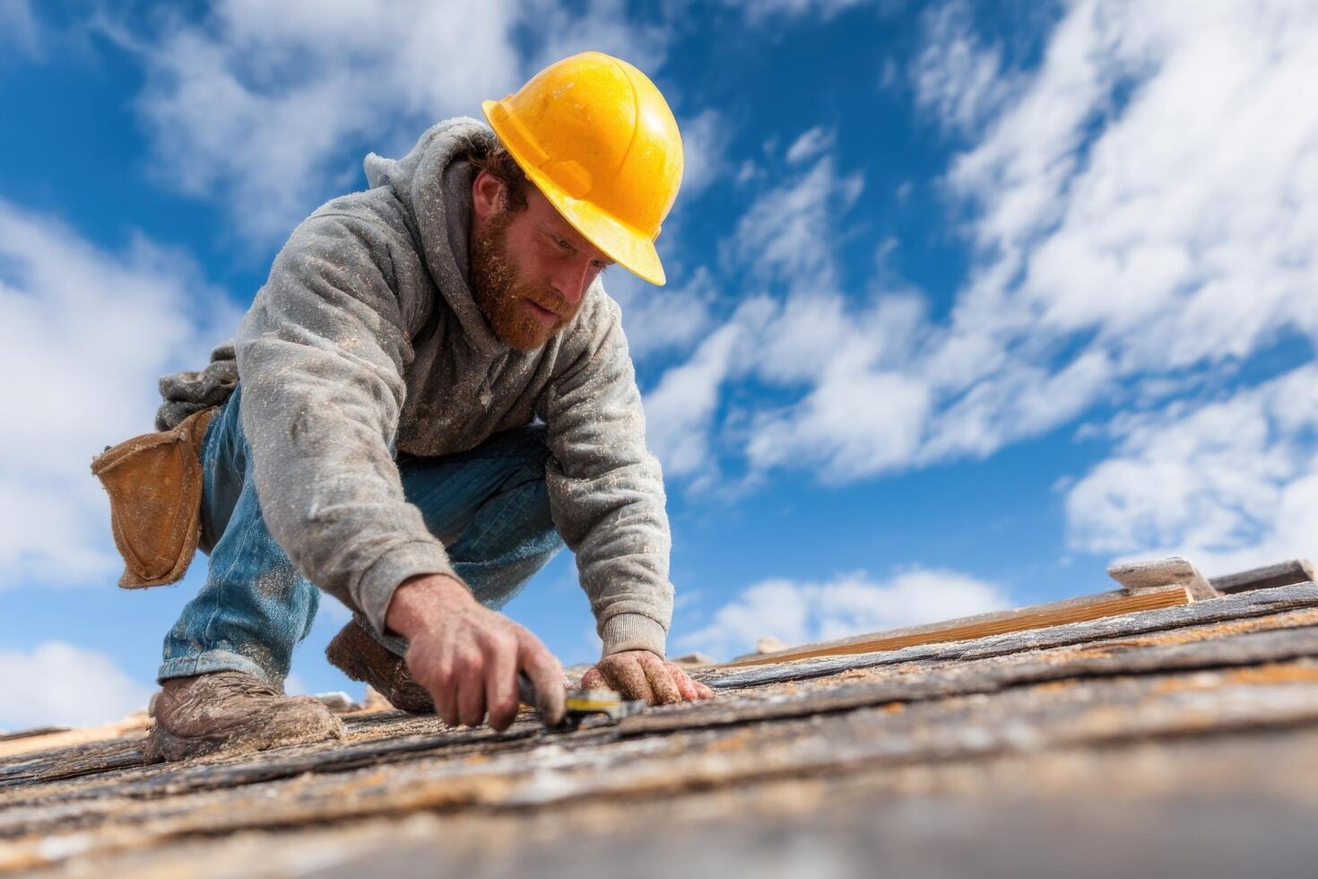 A man in a hard hat working on a roof photo