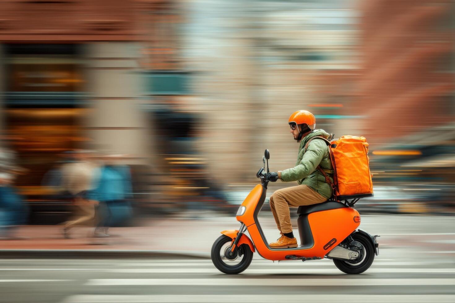 A man on a scooter with a large box on his back photo