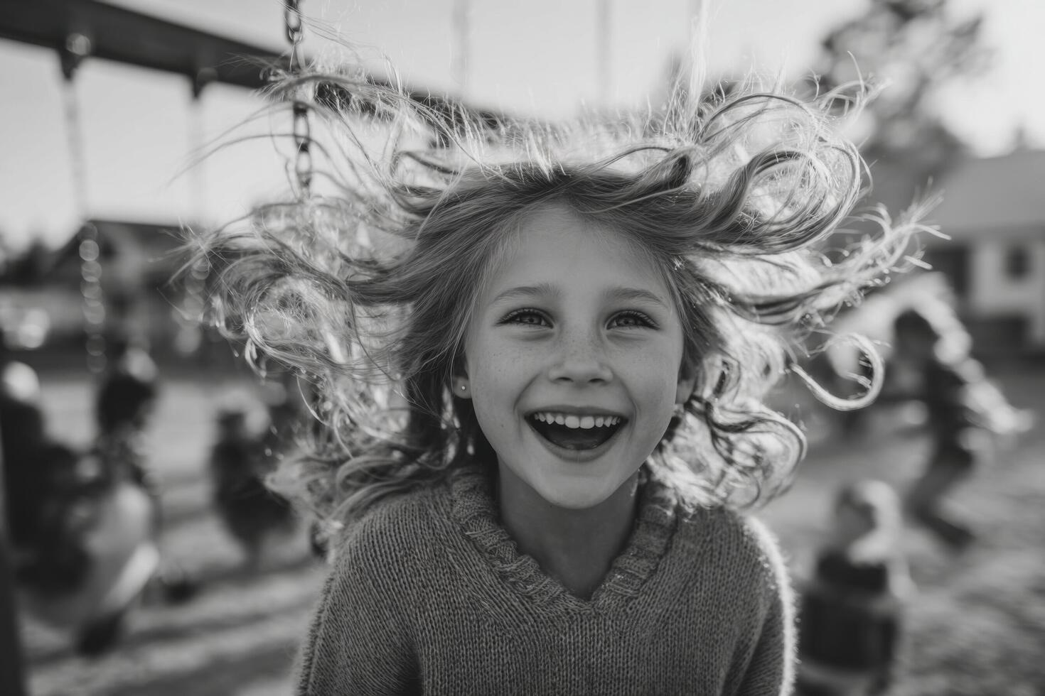 A little girl is laughing while swinging on a swing photo