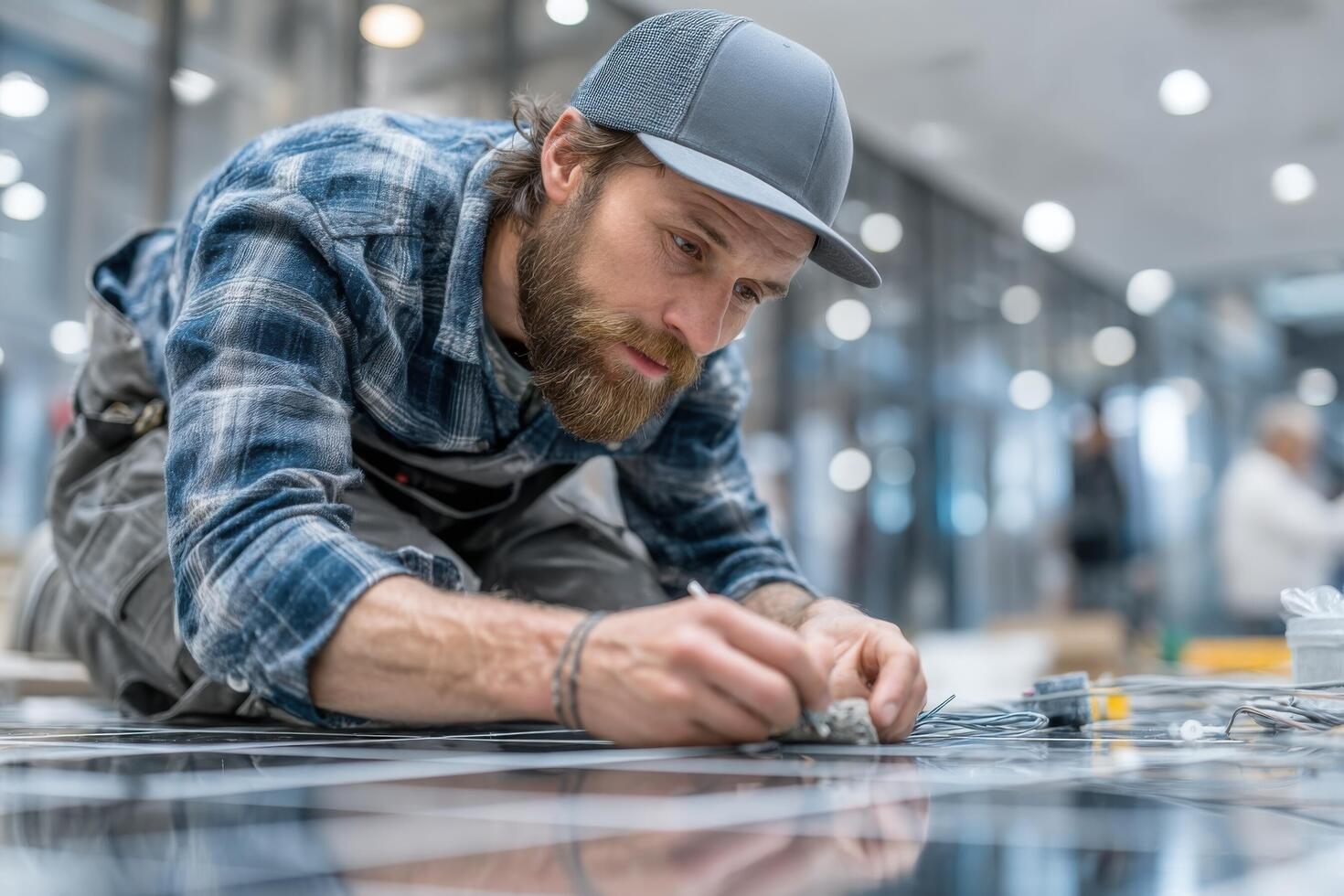 A man in a hat working on a computer photo