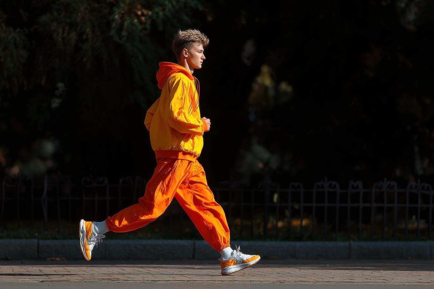 A man in an orange outfit is running photo