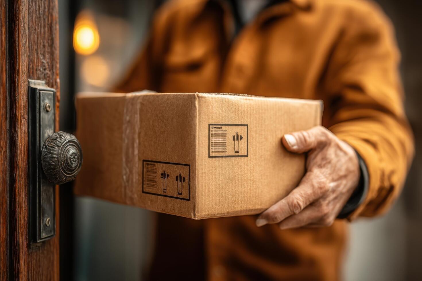 A man is holding a brown box with a sticker on it photo