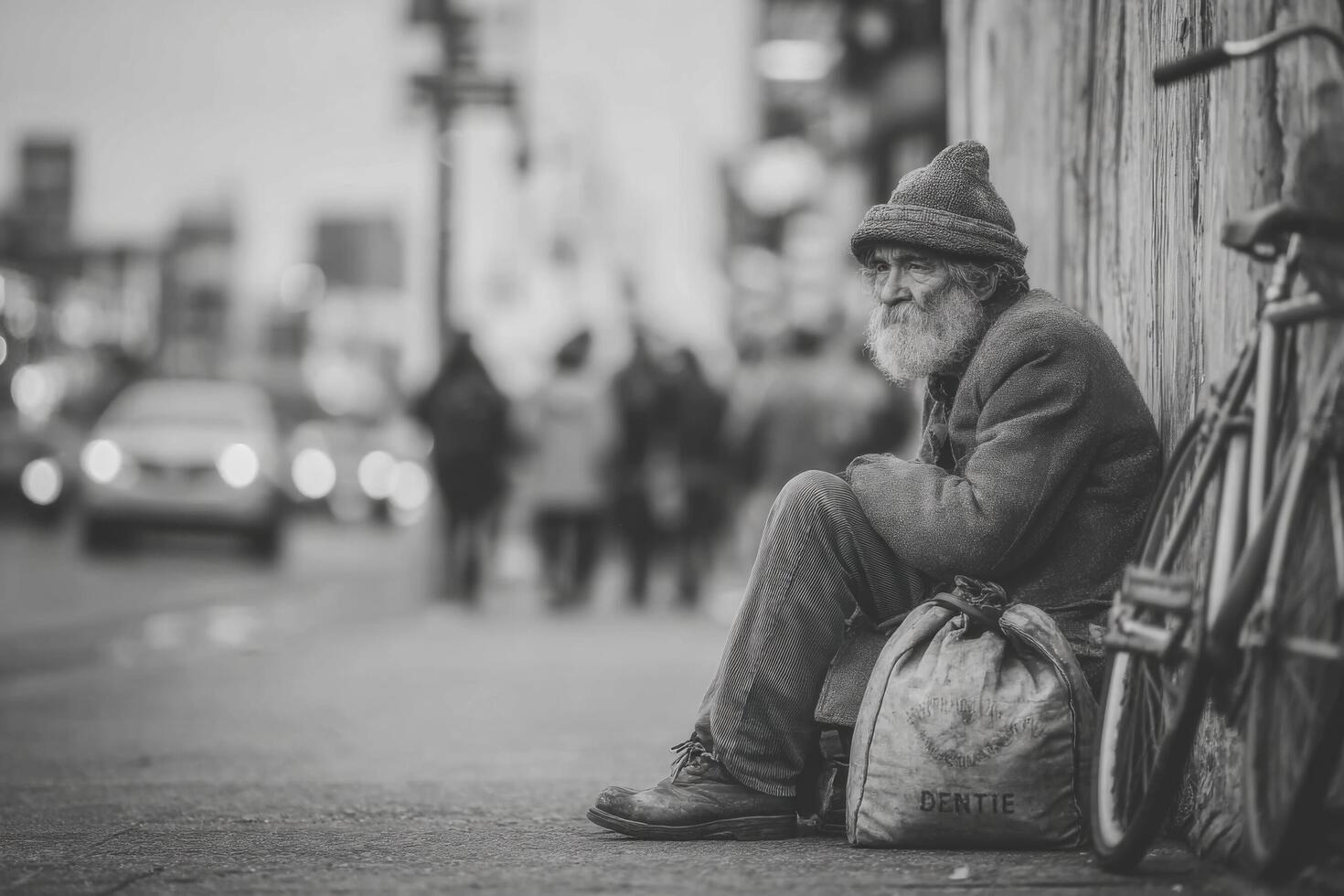 A homeless man sits on the sidewalk in front of a building photo