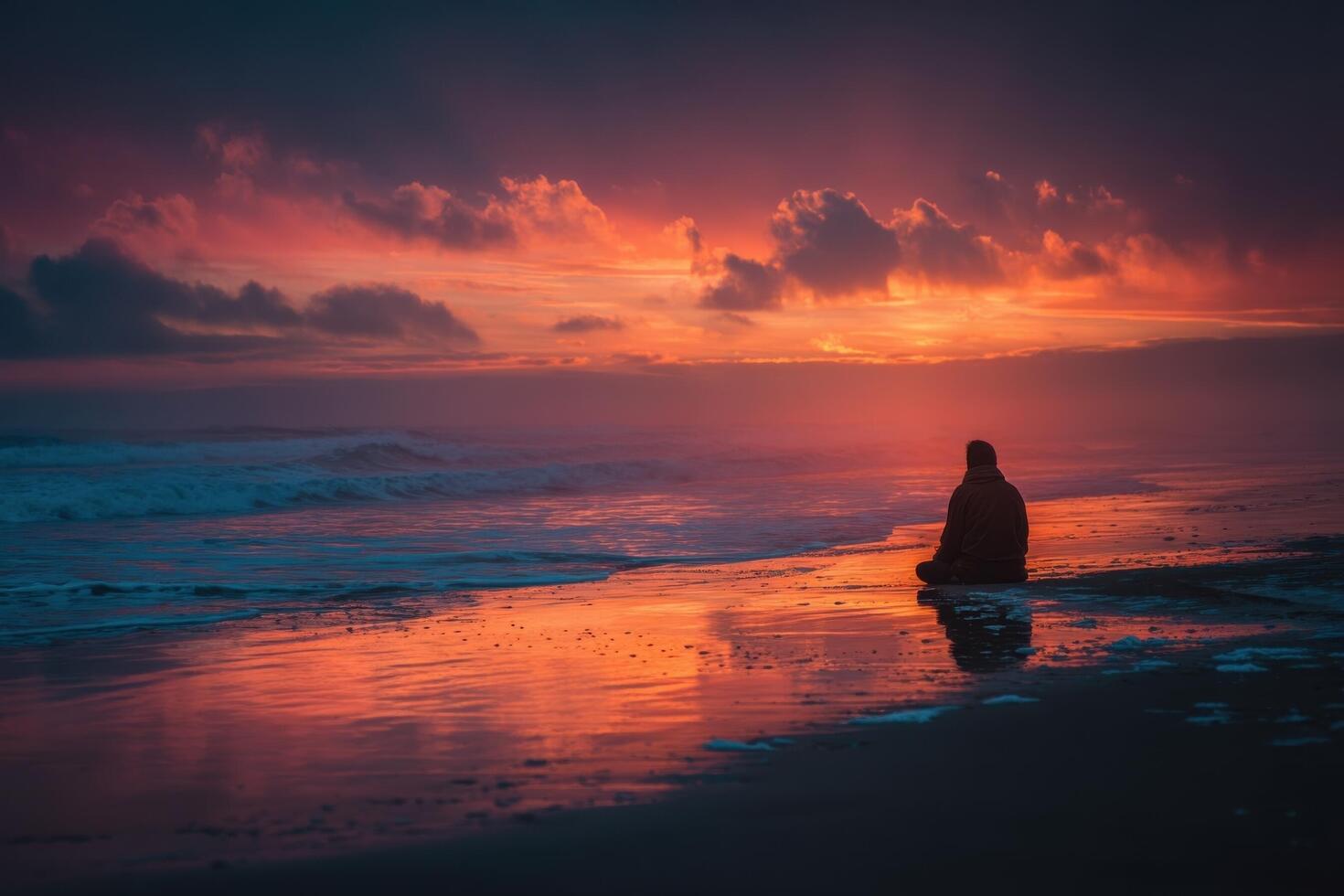 A person sitting on the beach at sunset photo