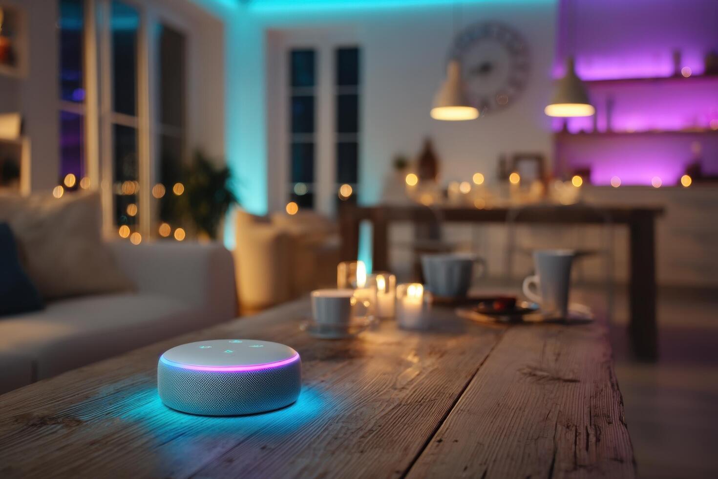 A smart speaker sits on a table in a living room photo