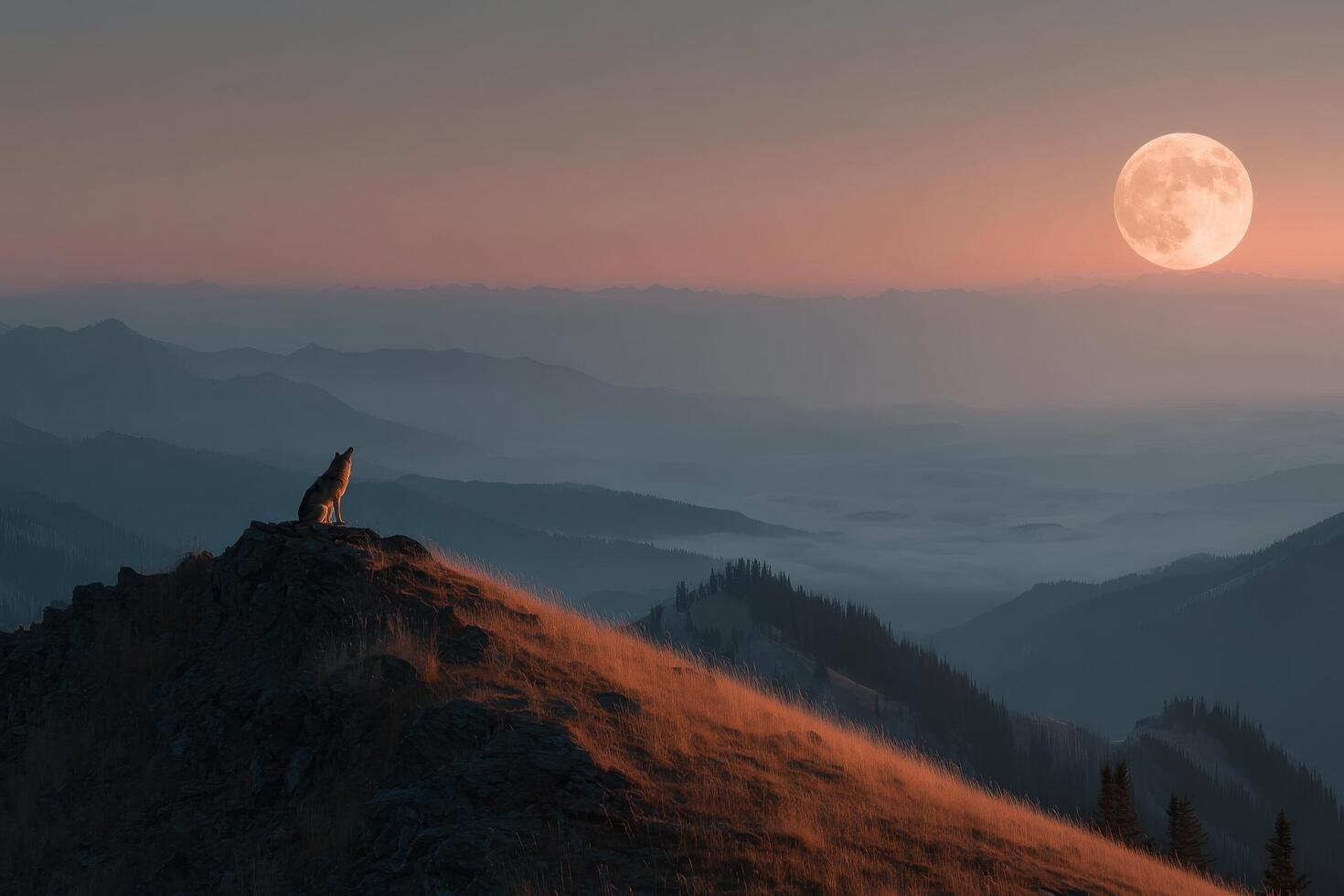 A lone wolf stands on a hill overlooking the mountains at sunset photo
