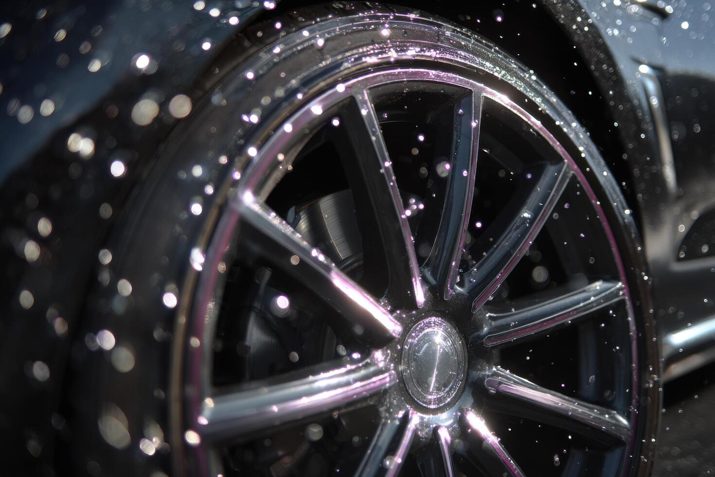 A close up of a car wheel with water droplets photo