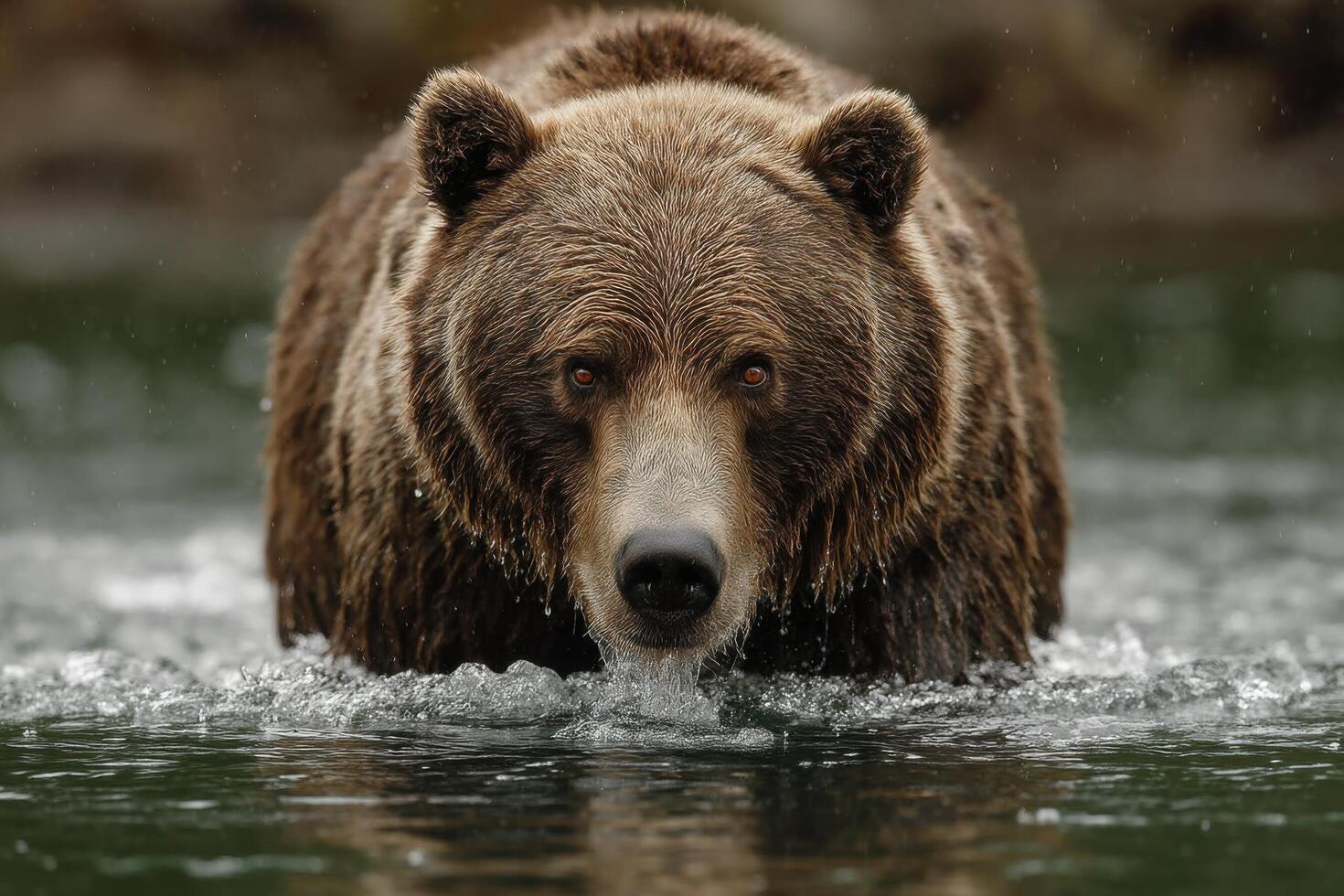 A brown bear is walking through the water photo