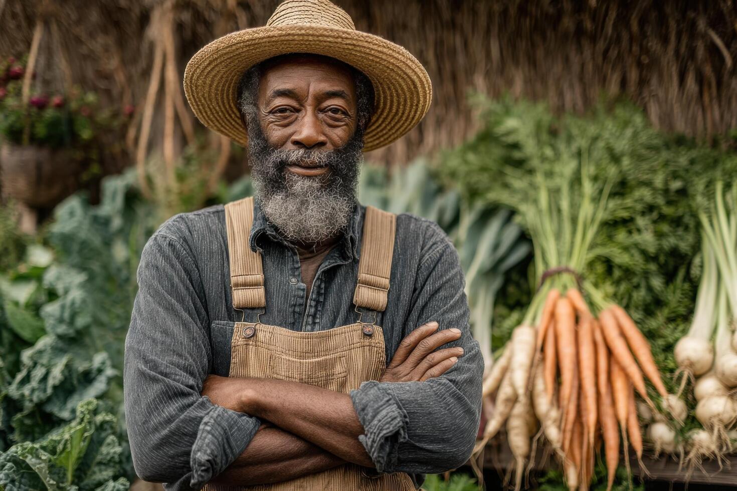 An african american man with a beard and hat standing in front of vegetables photo