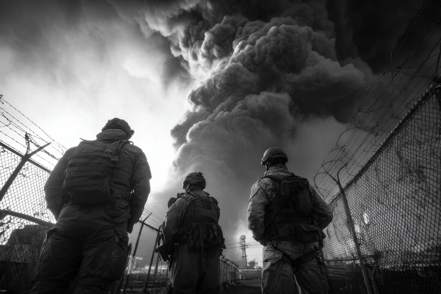 Three men standing in front of a fence looking at smoke photo
