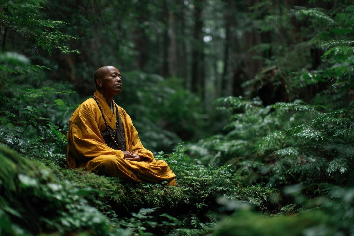 A monk sitting in the middle of a forest photo