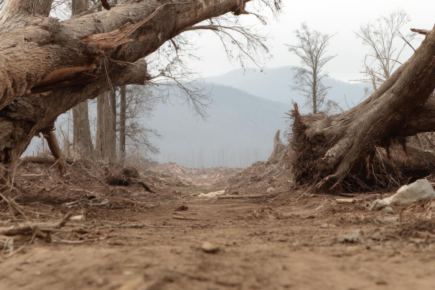 A dirt road with trees and mountains in the background photo