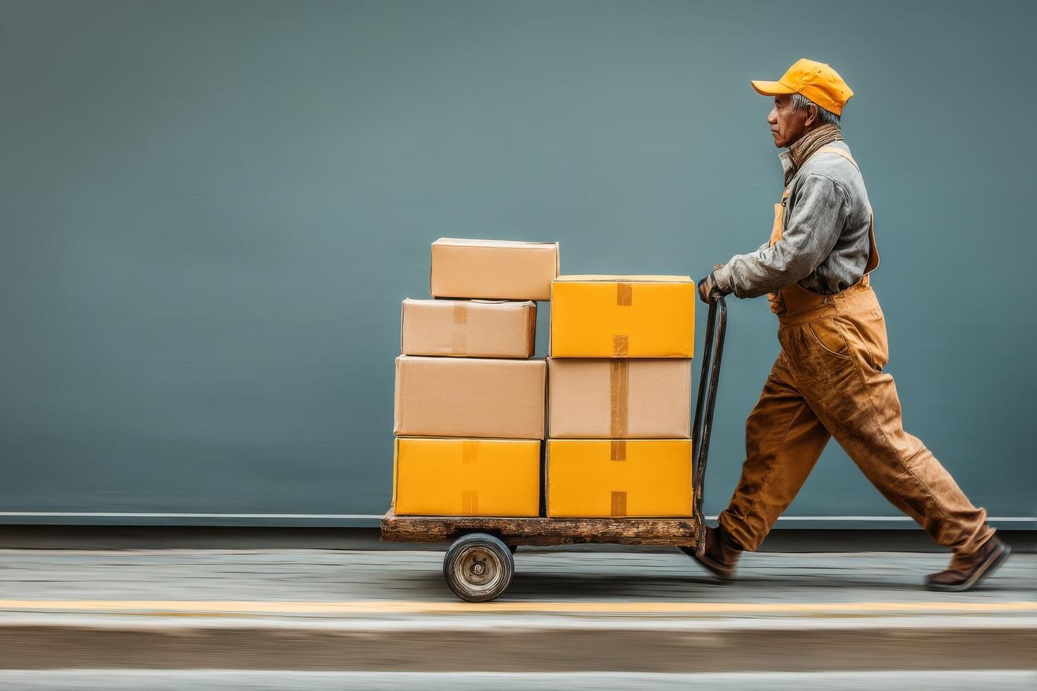A man in overalls is pushing a cart with boxes photo
