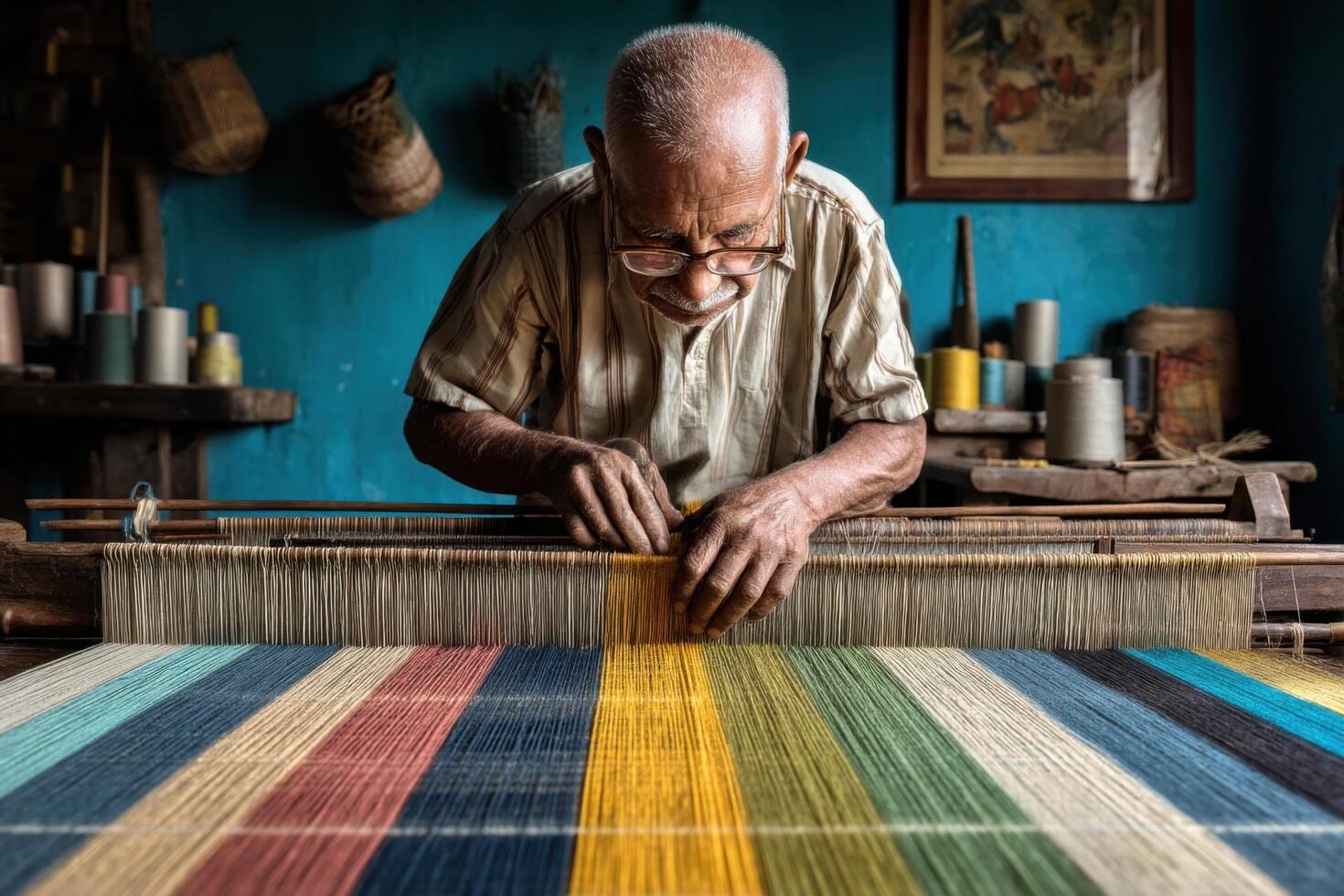 An old man weaving a colorful cloth photo
