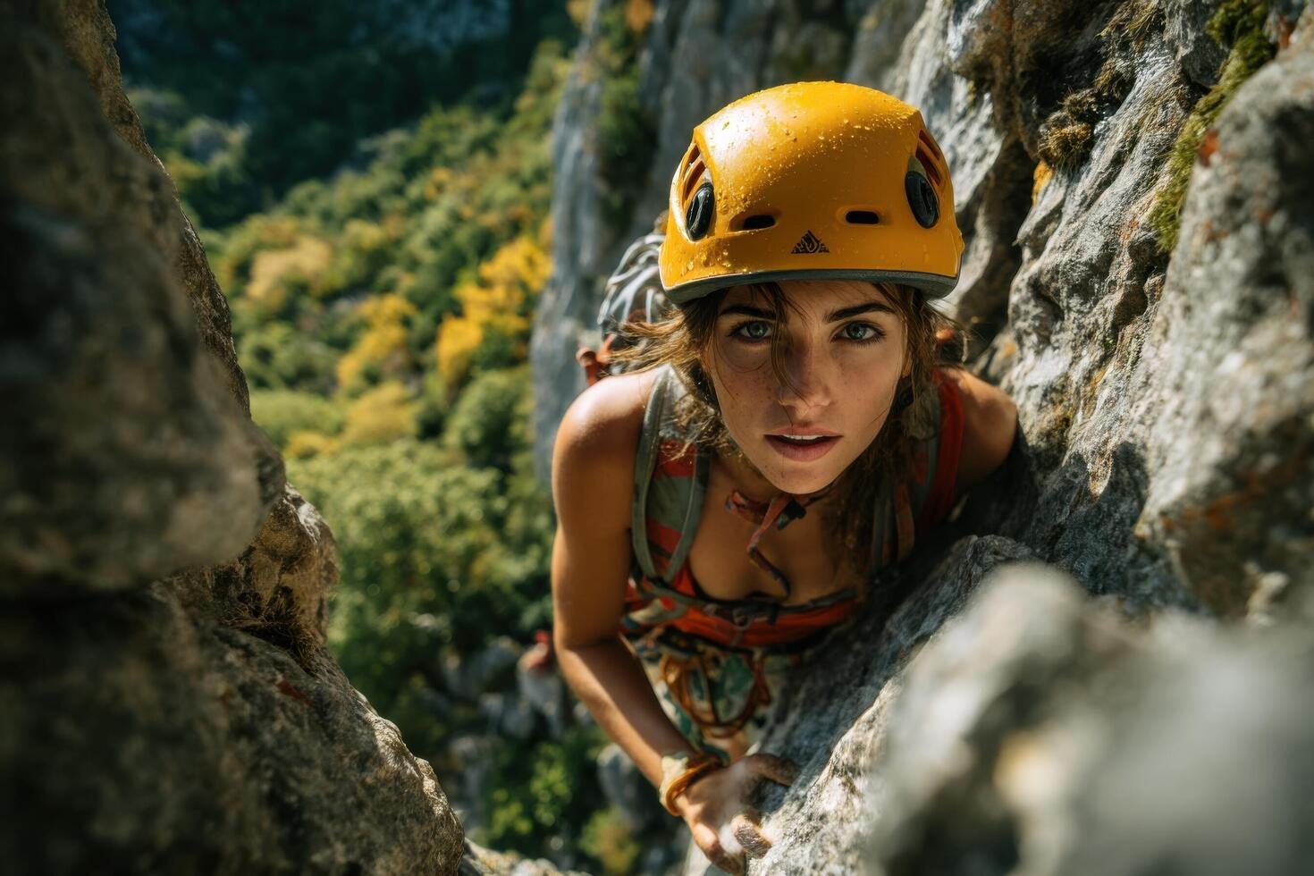 A woman in a helmet climbing on a rock photo