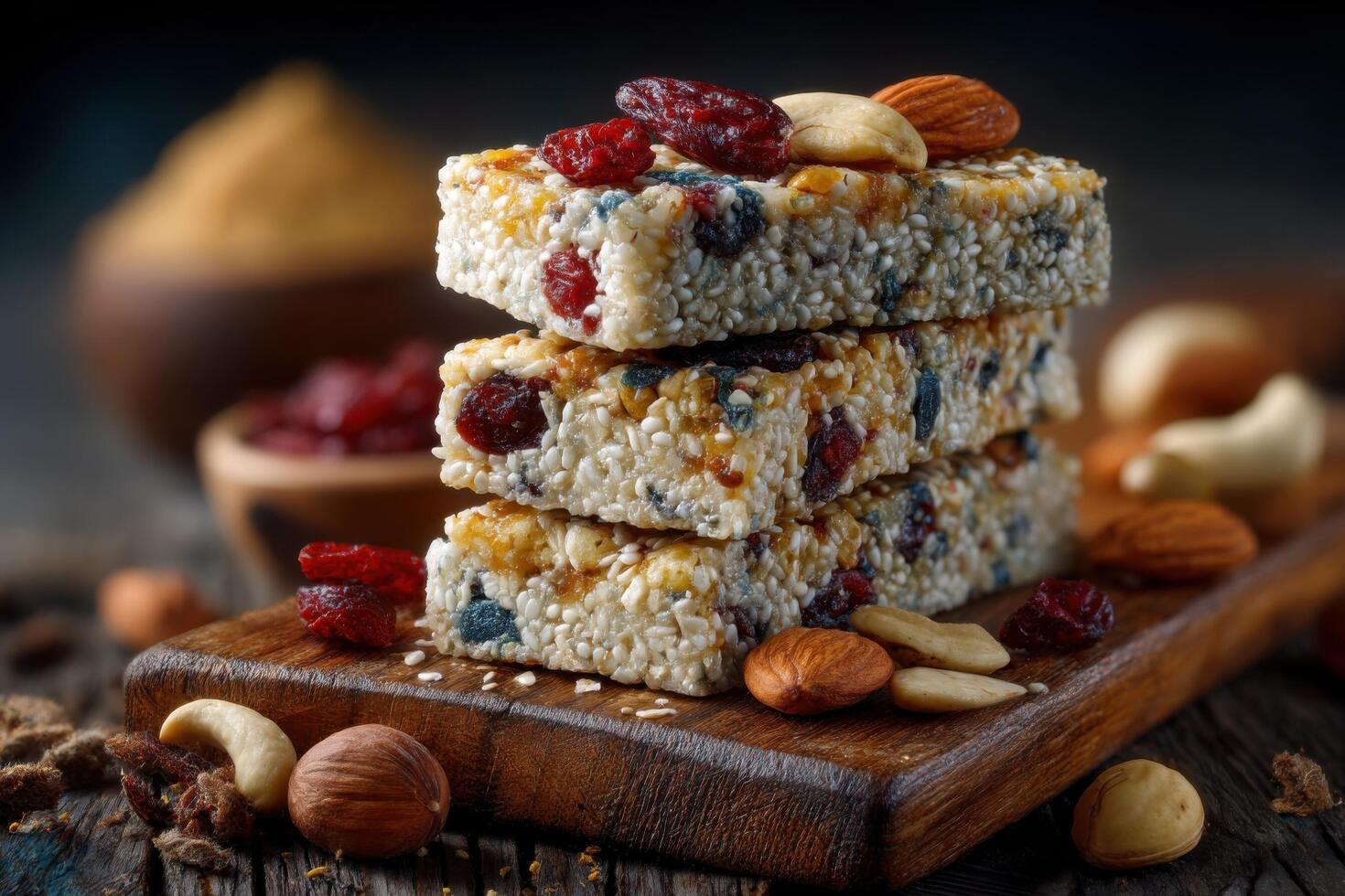 A stack of granola bars with nuts and dried fruits photo