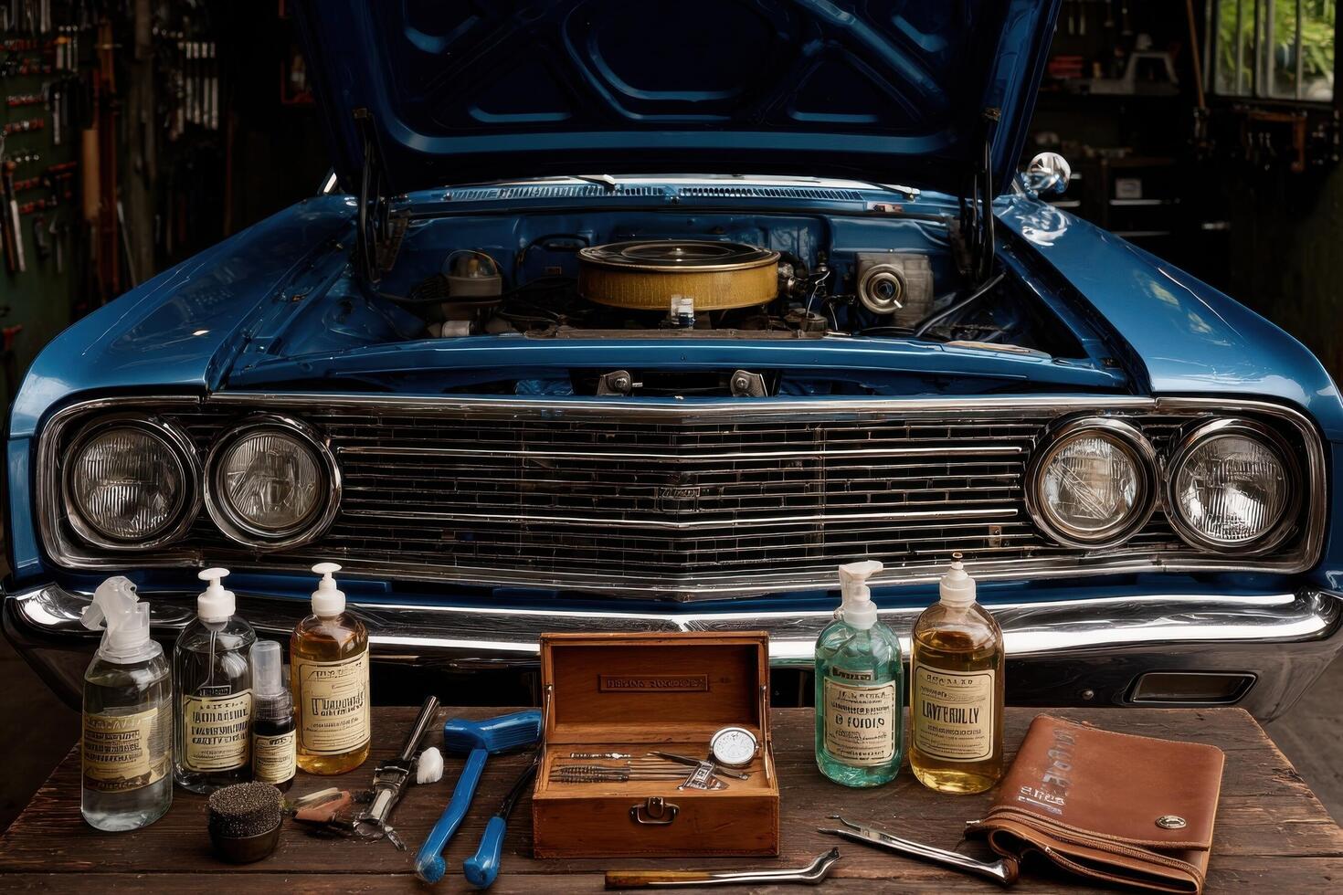 A blue car with a toolbox and bottles of cleaning products photo
