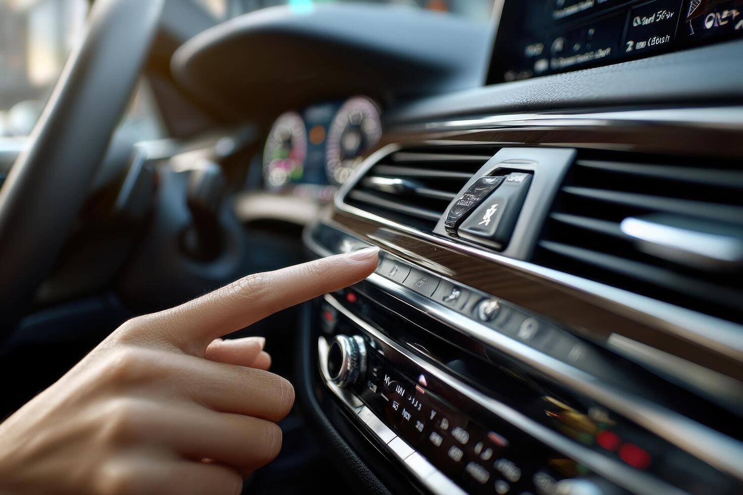 A person is touching the air conditioning button on a car photo