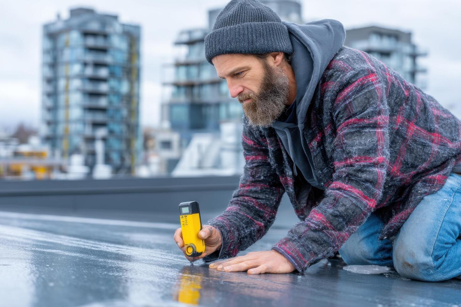 A man with a beard and hat is working on a roof photo