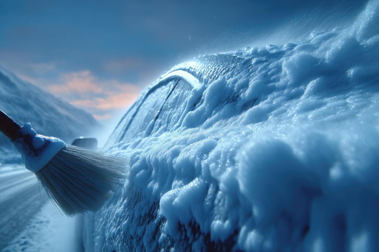 A person is cleaning the snow off of a car photo