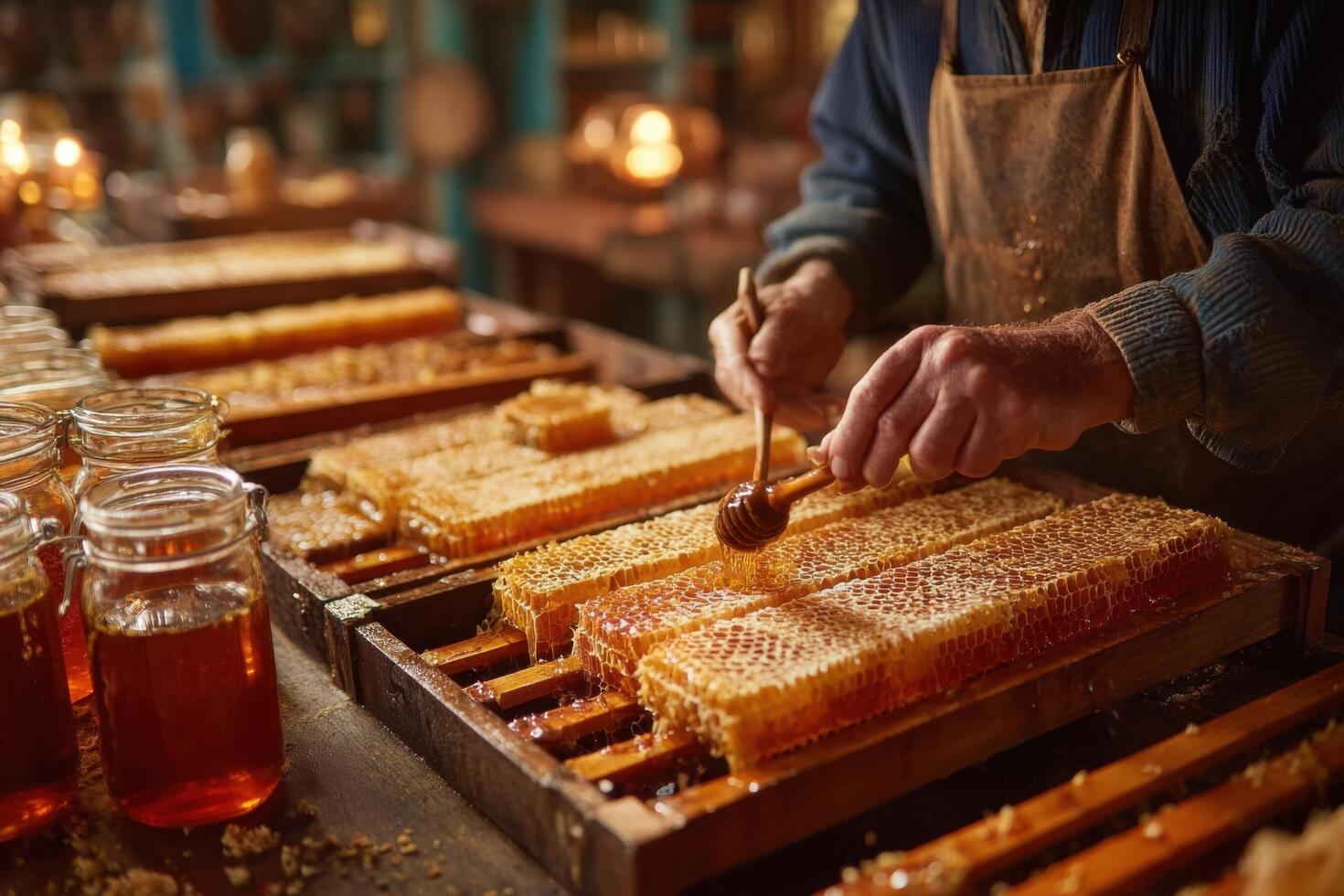 A man is working on a honeycomb with a wooden frame photo