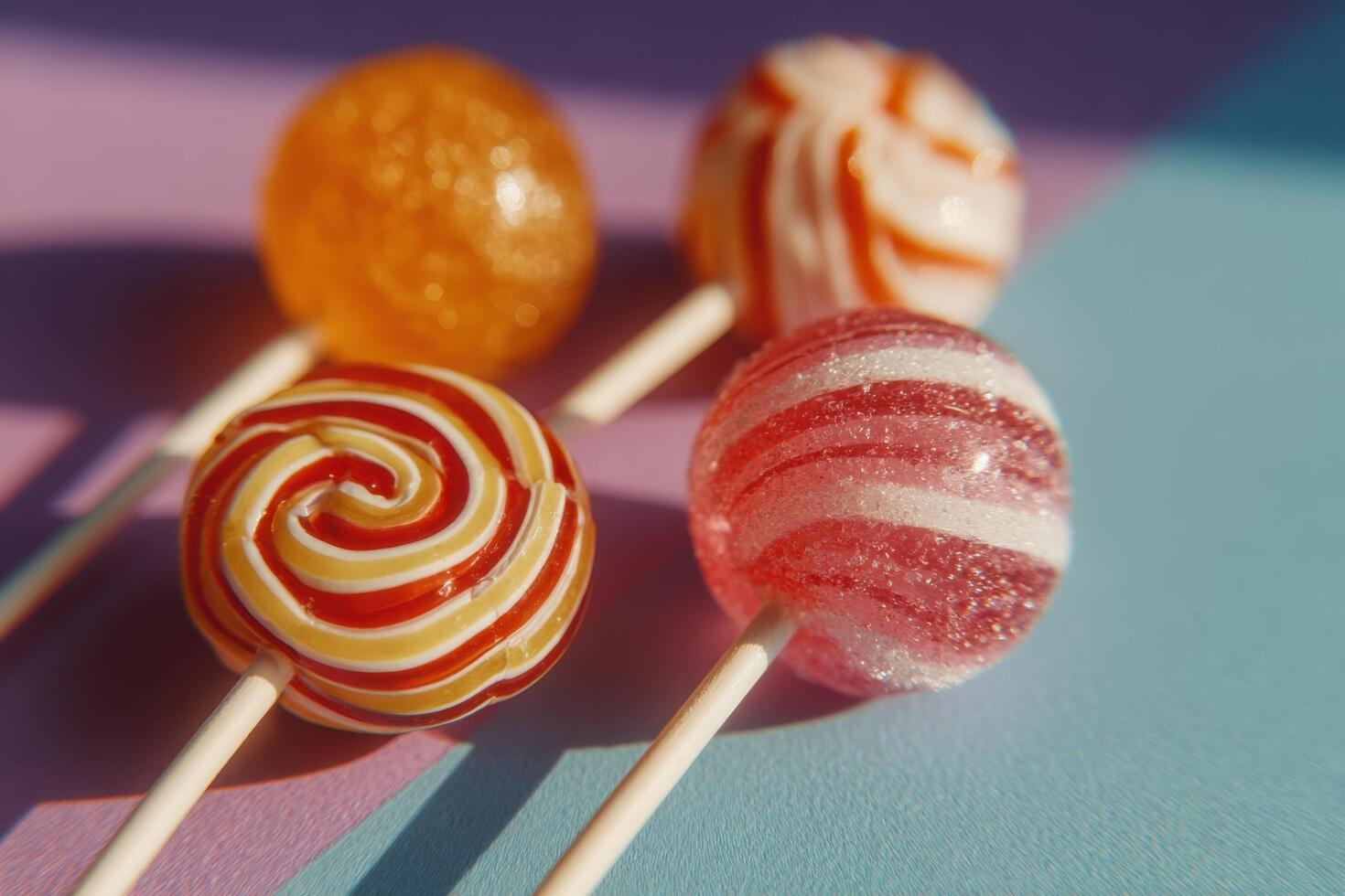 Three lollipops on a stick with different colors photo