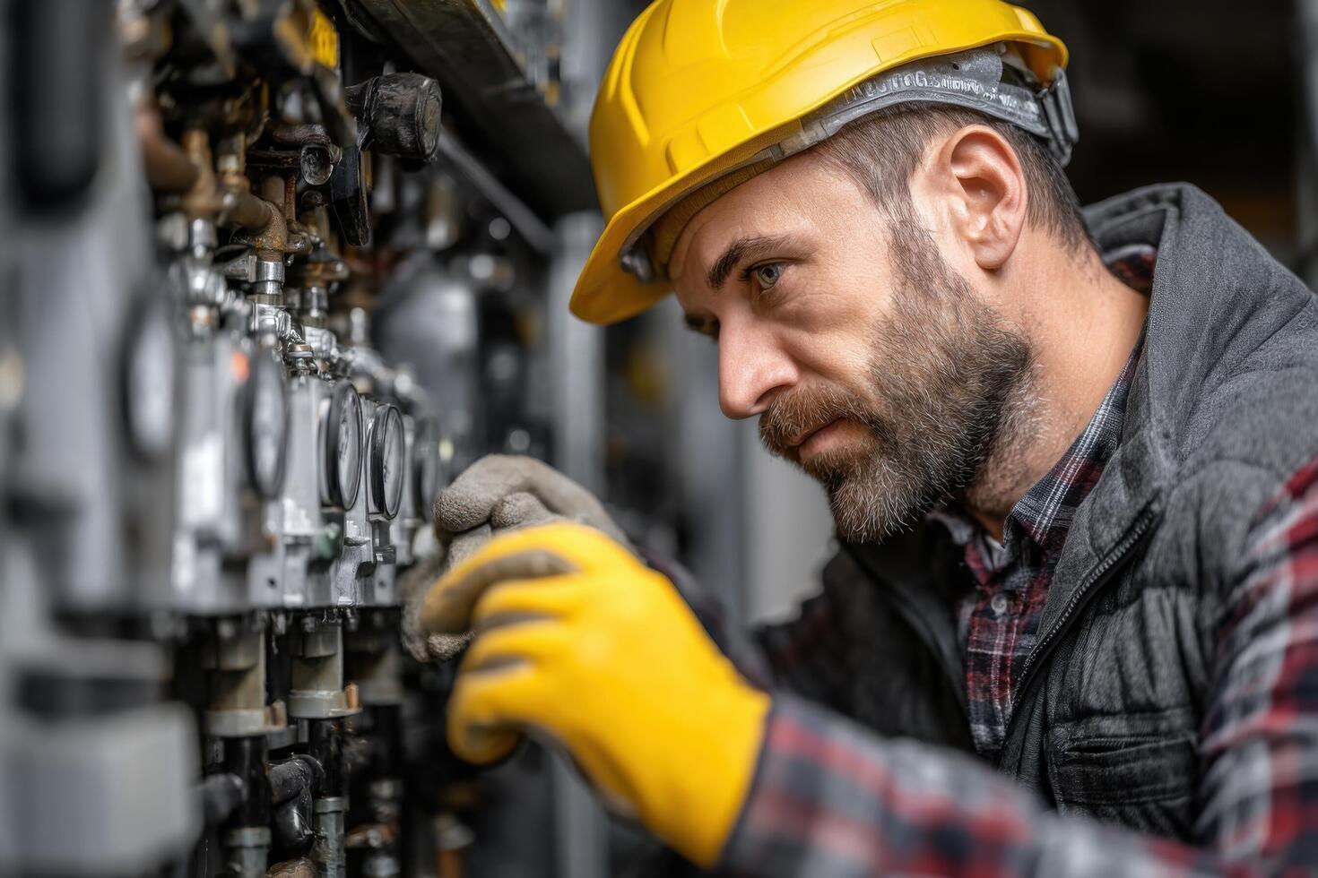 A man in a hard hat and yellow gloves working on a machine photo