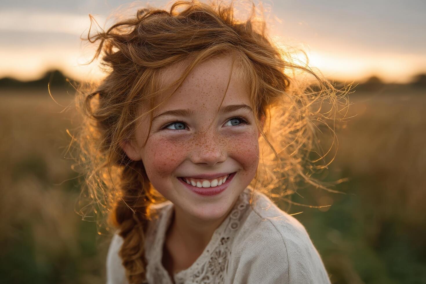 A young girl with freckles smiles in a field photo