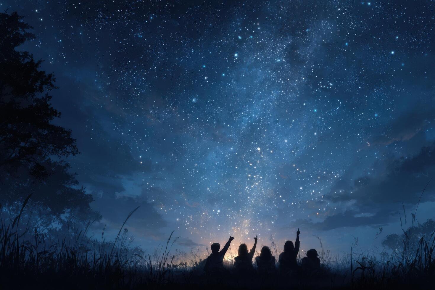 Three people sitting on a grassy field with the stars in the sky photo