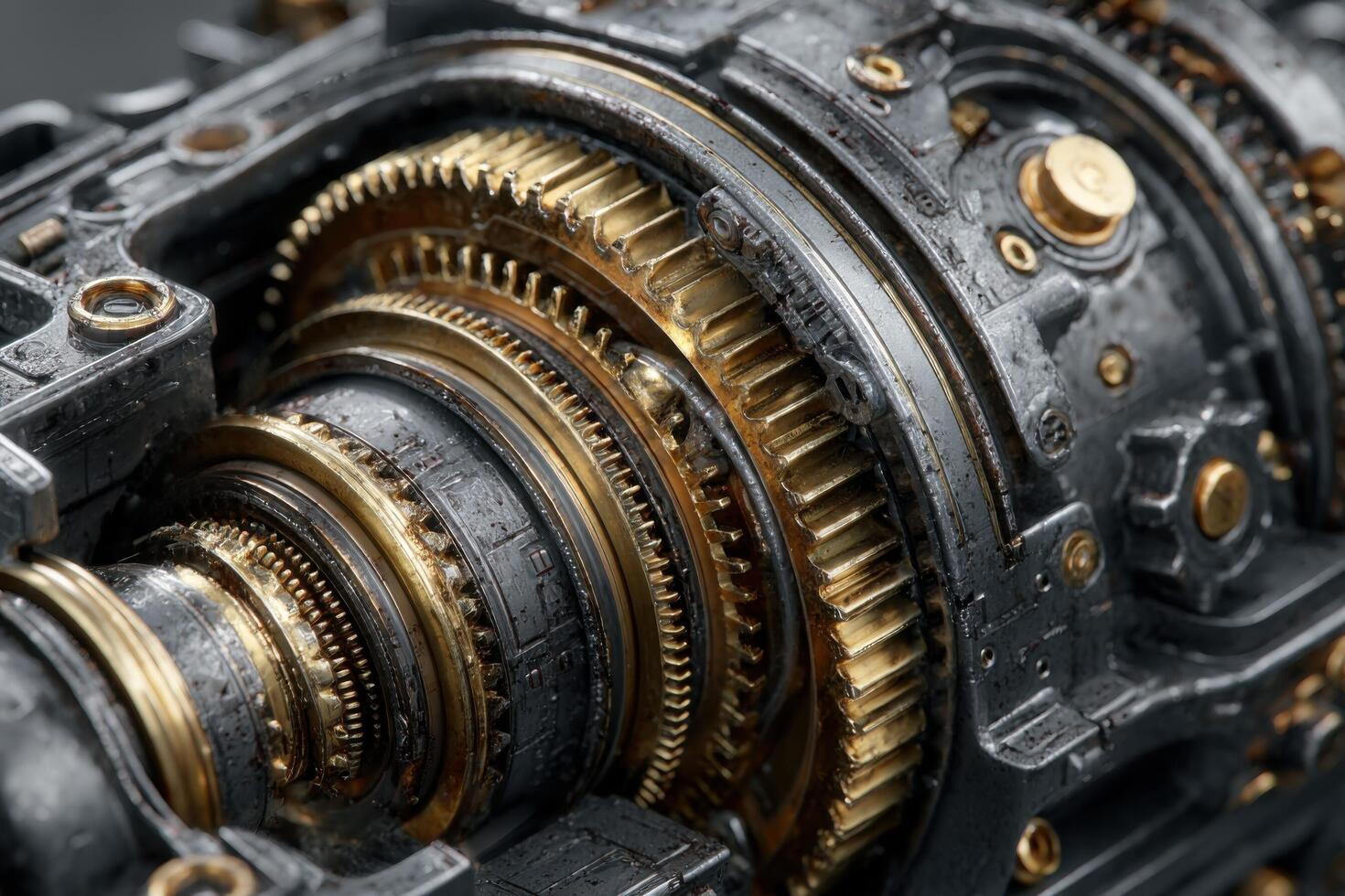 Close up of gears in a metal gearbox photo