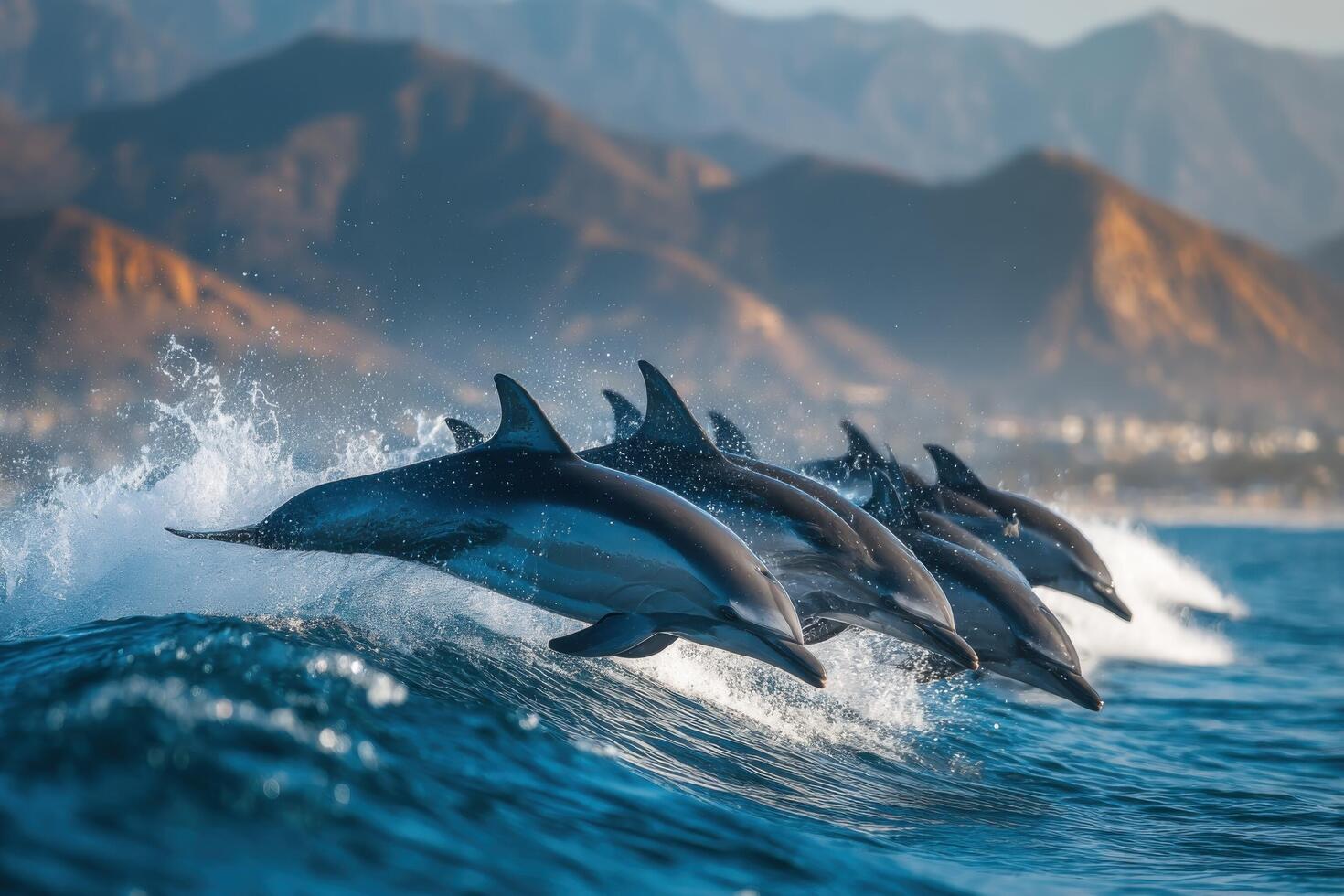 Dolphins jumping out of the water in front of mountains photo