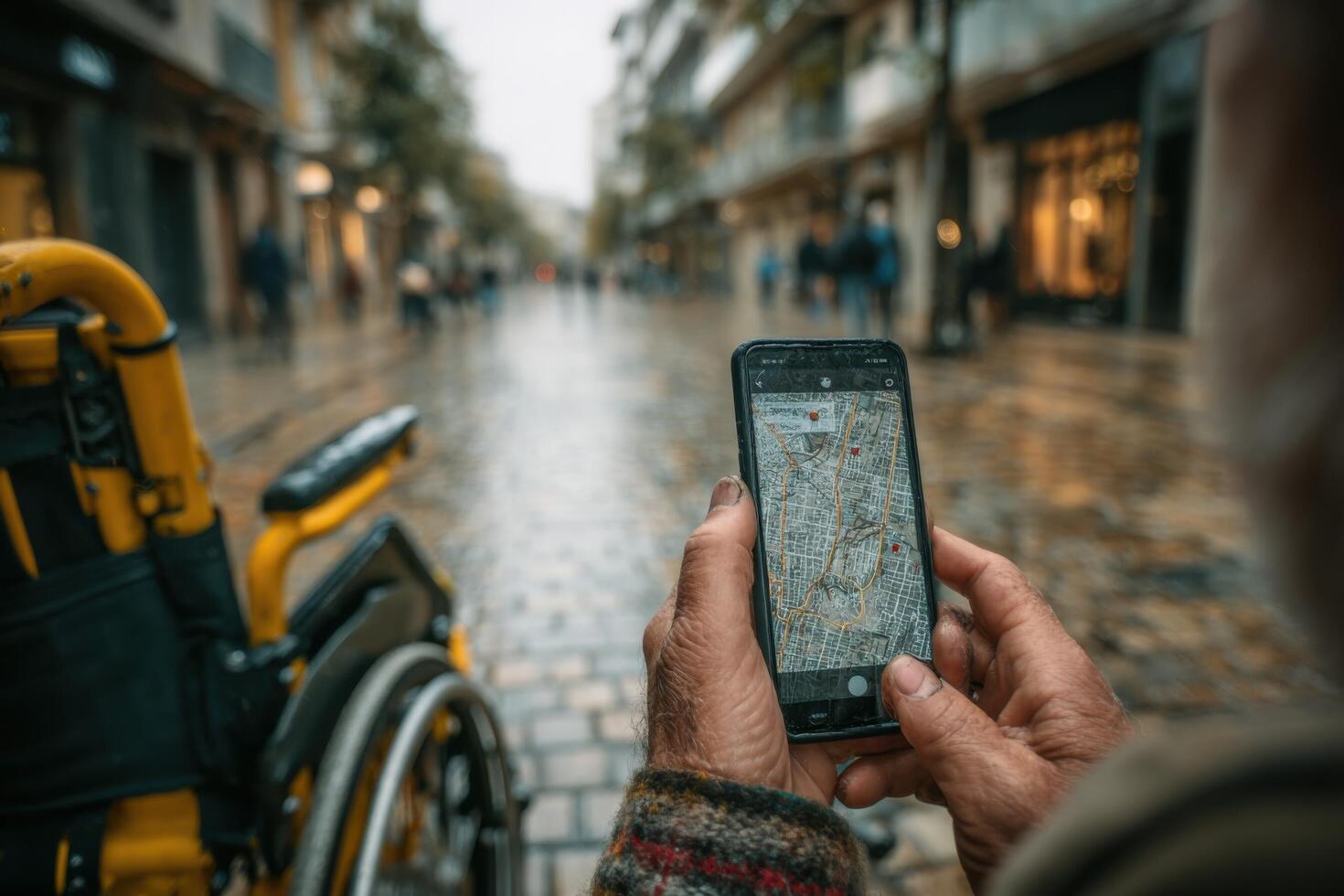A person in a wheelchair holding a smartphone while looking at a map photo
