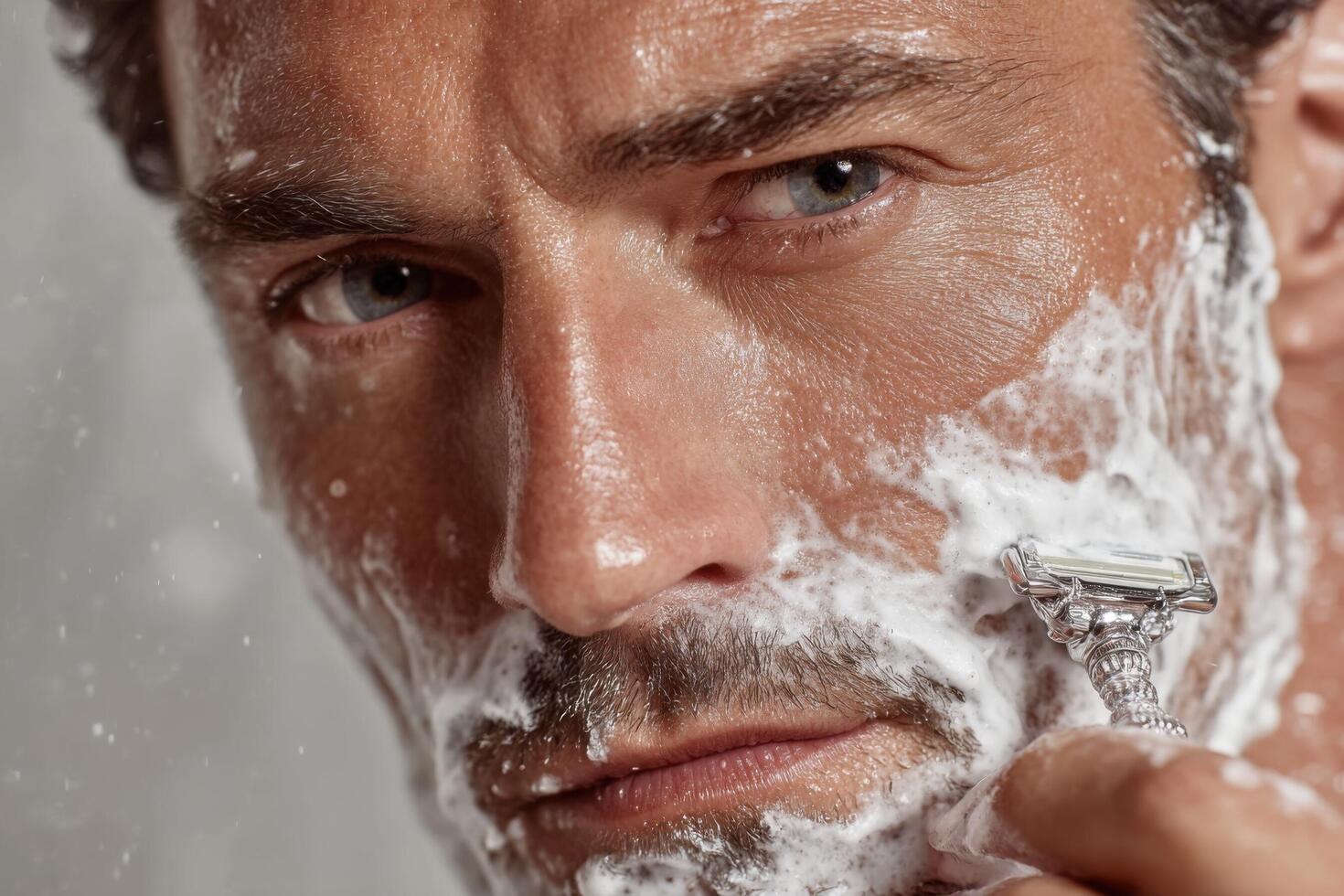 A man shaving his face with a razor photo