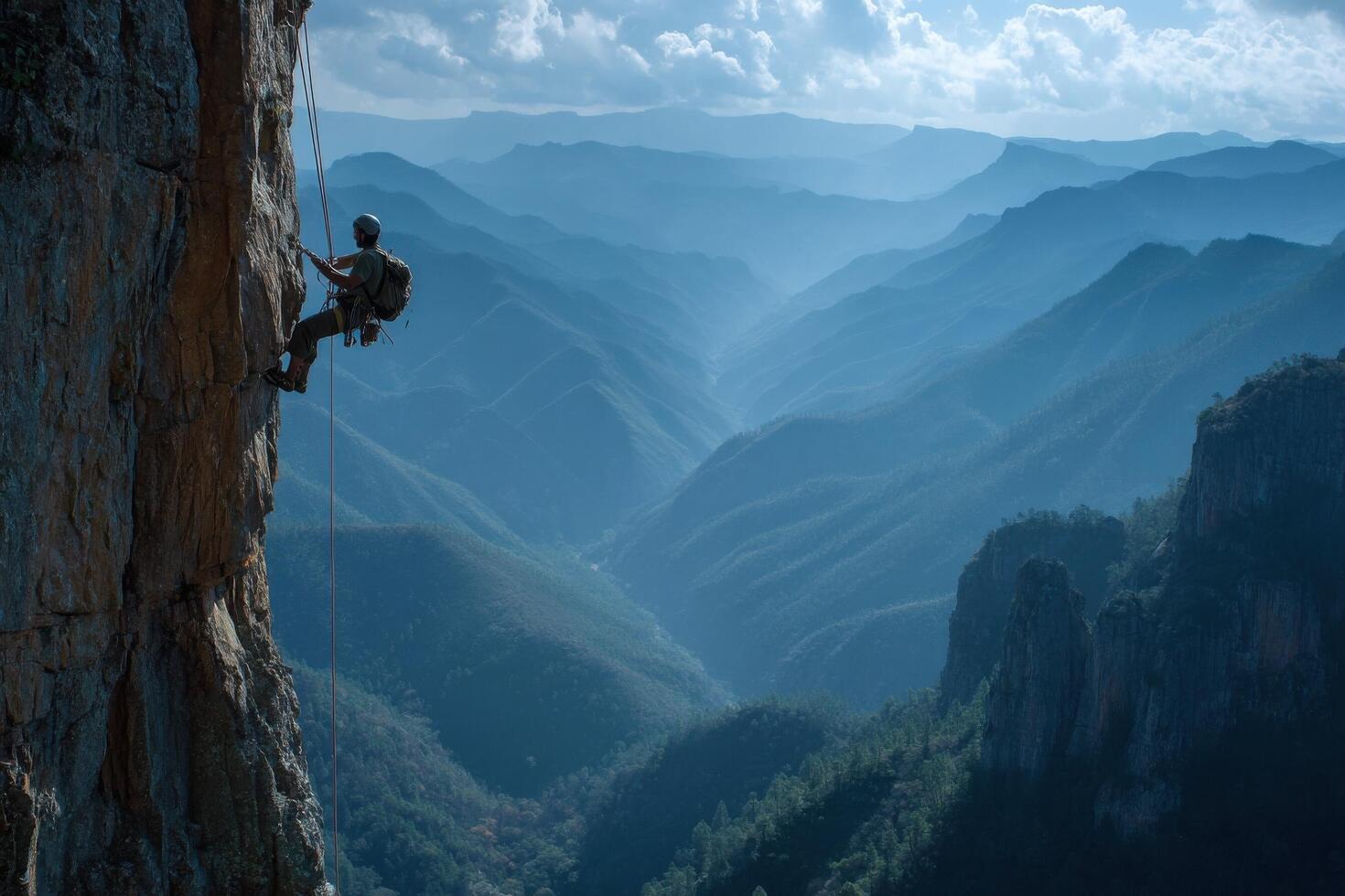 A man is climbing up a mountain on a rope photo