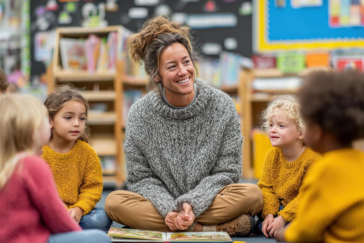 A teacher reading to children in a classroom photo