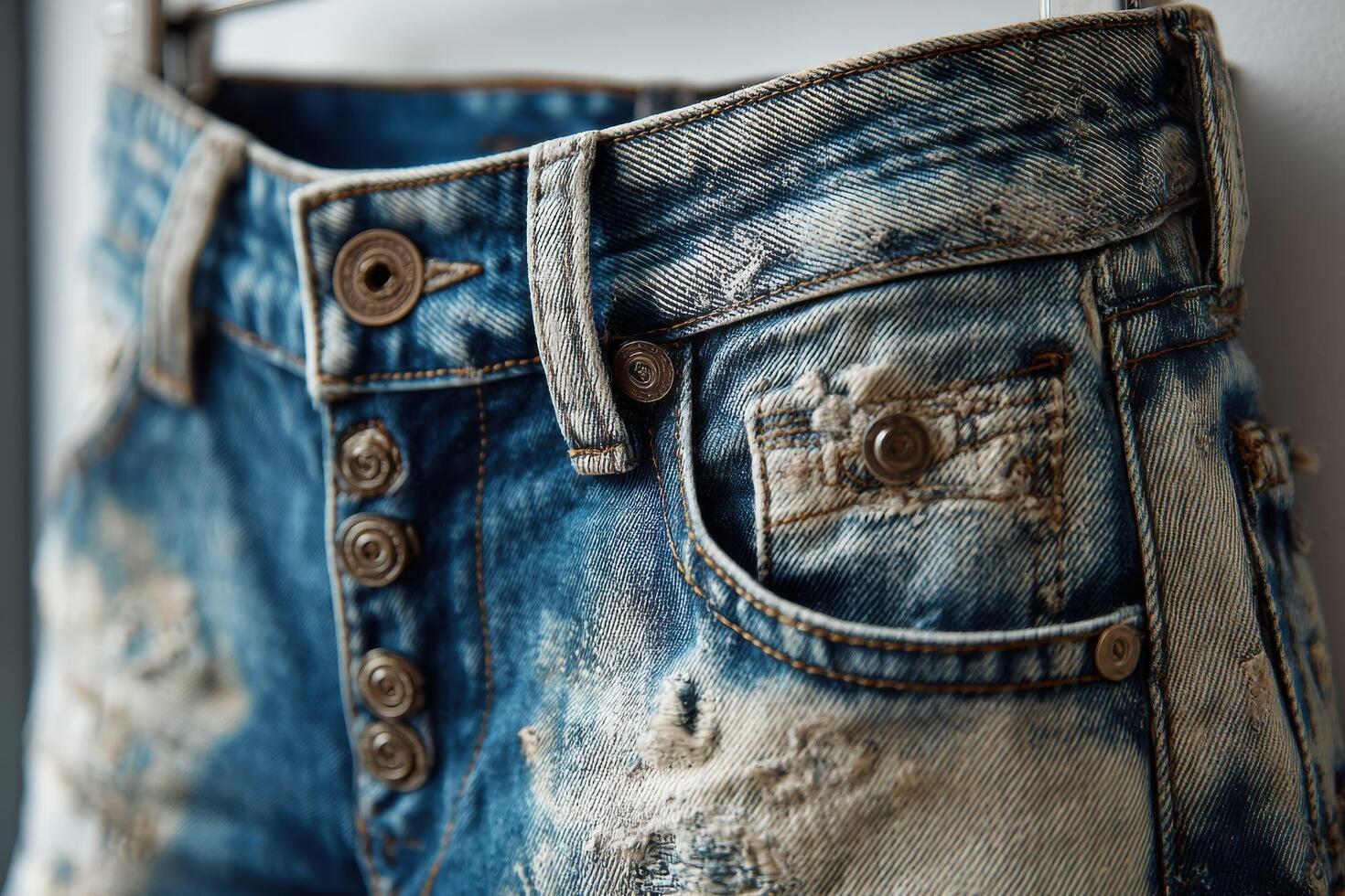 A pair of jeans with holes and buttons photo