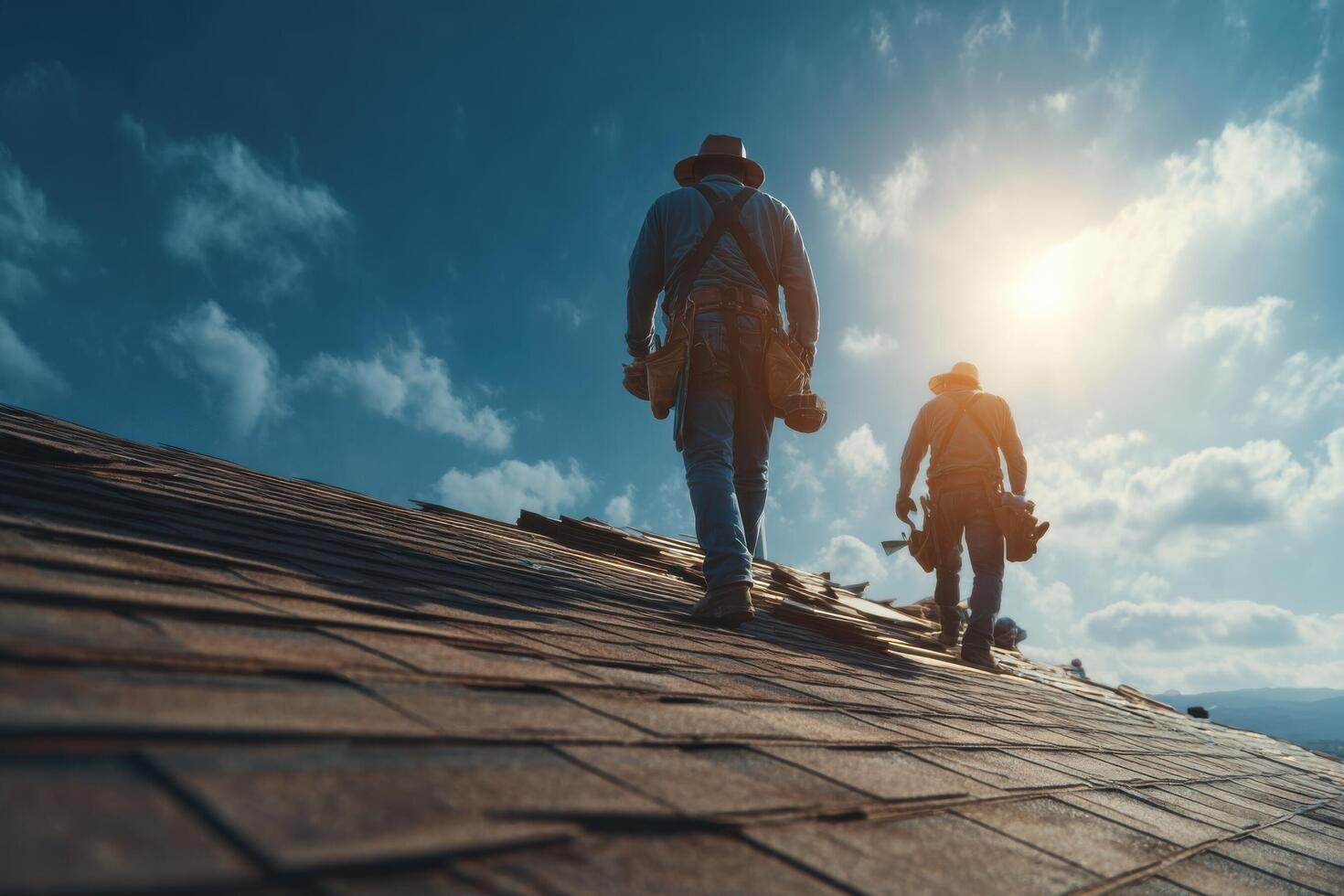 Two men walking on a roof with a sun shining in the background photo